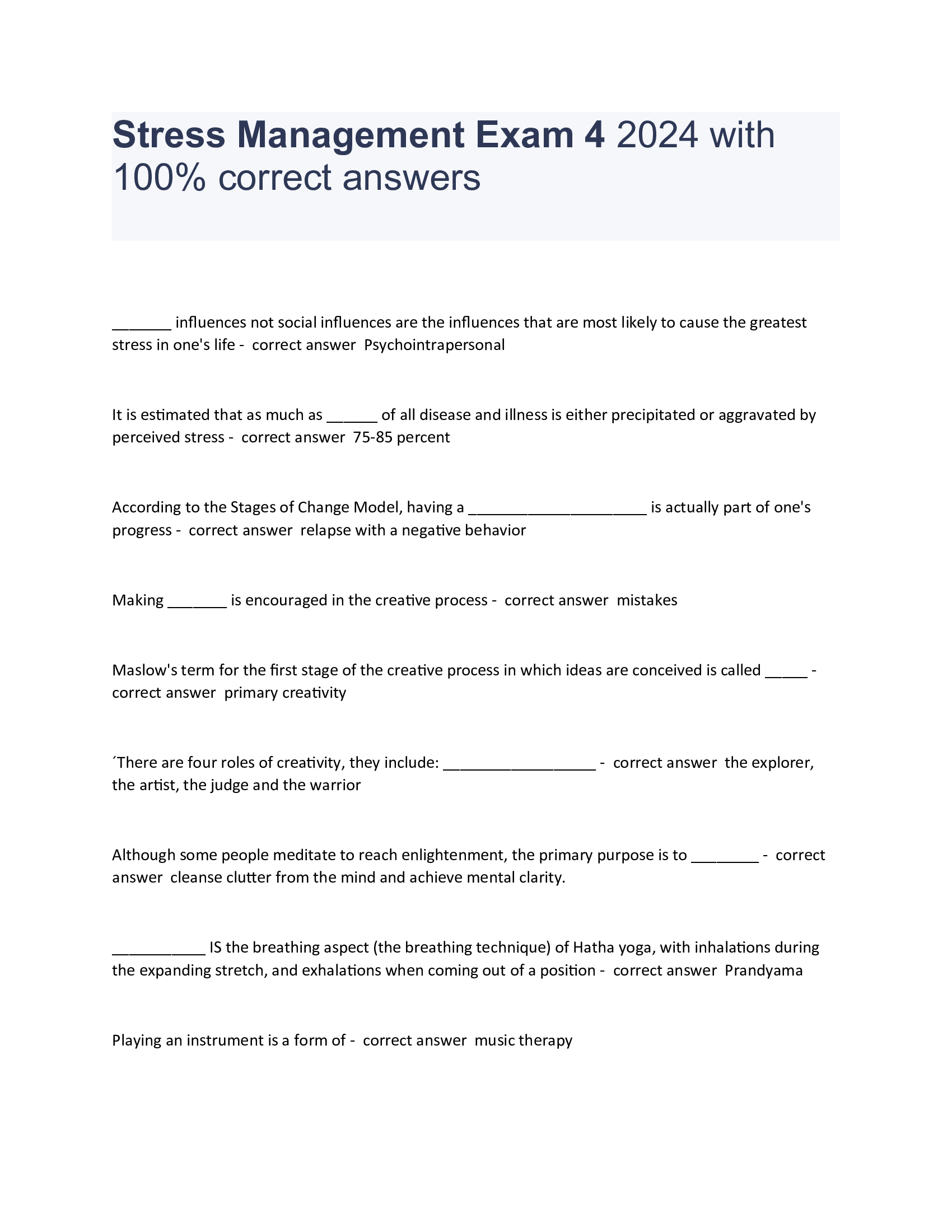 Stress Management Final exam 2024 with 100 Percent correct answers