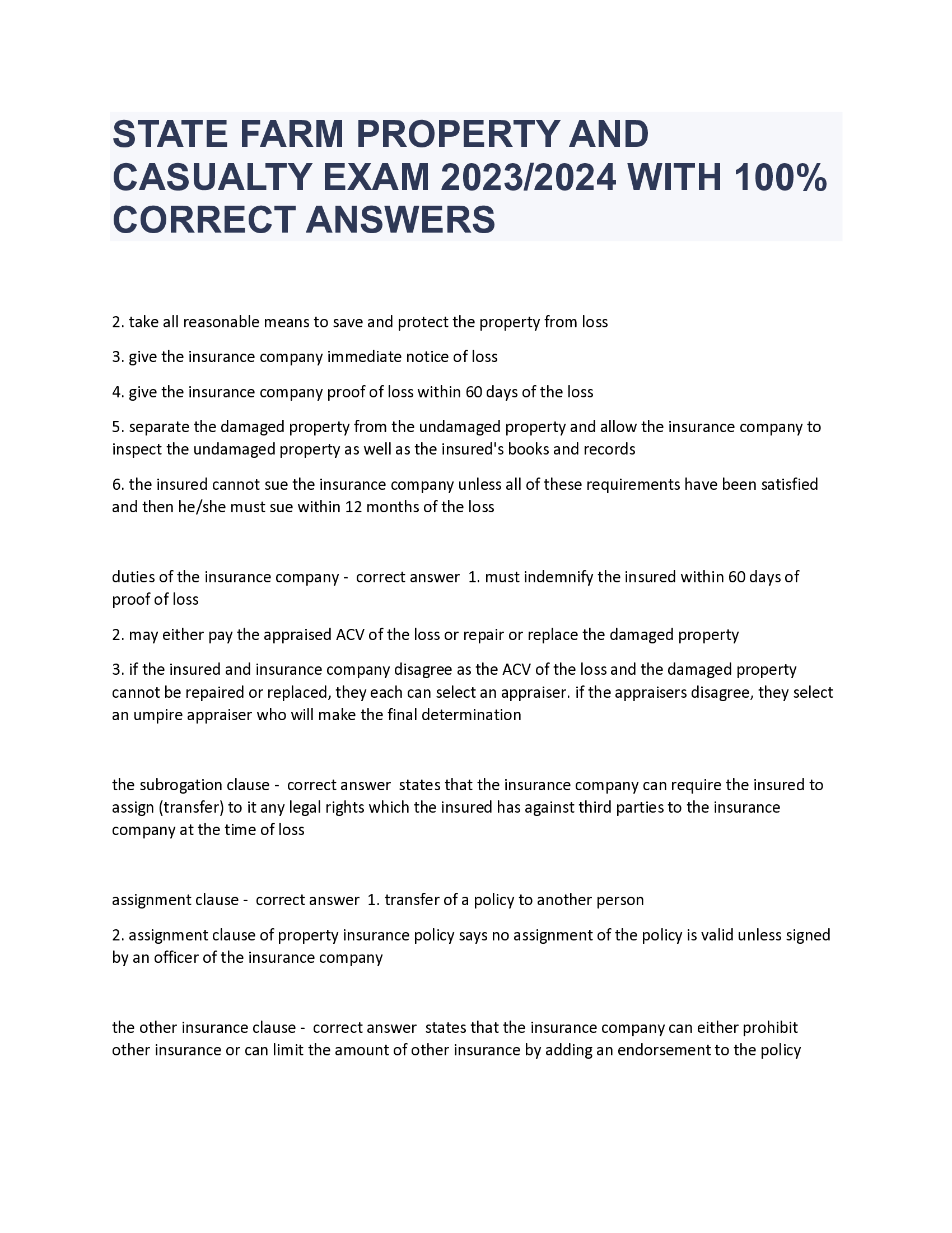 STATE FARM PROPERTY AND CASUALTY EXAM 2023, 2024 WITH 100 percent CORRECT ANSWERS
