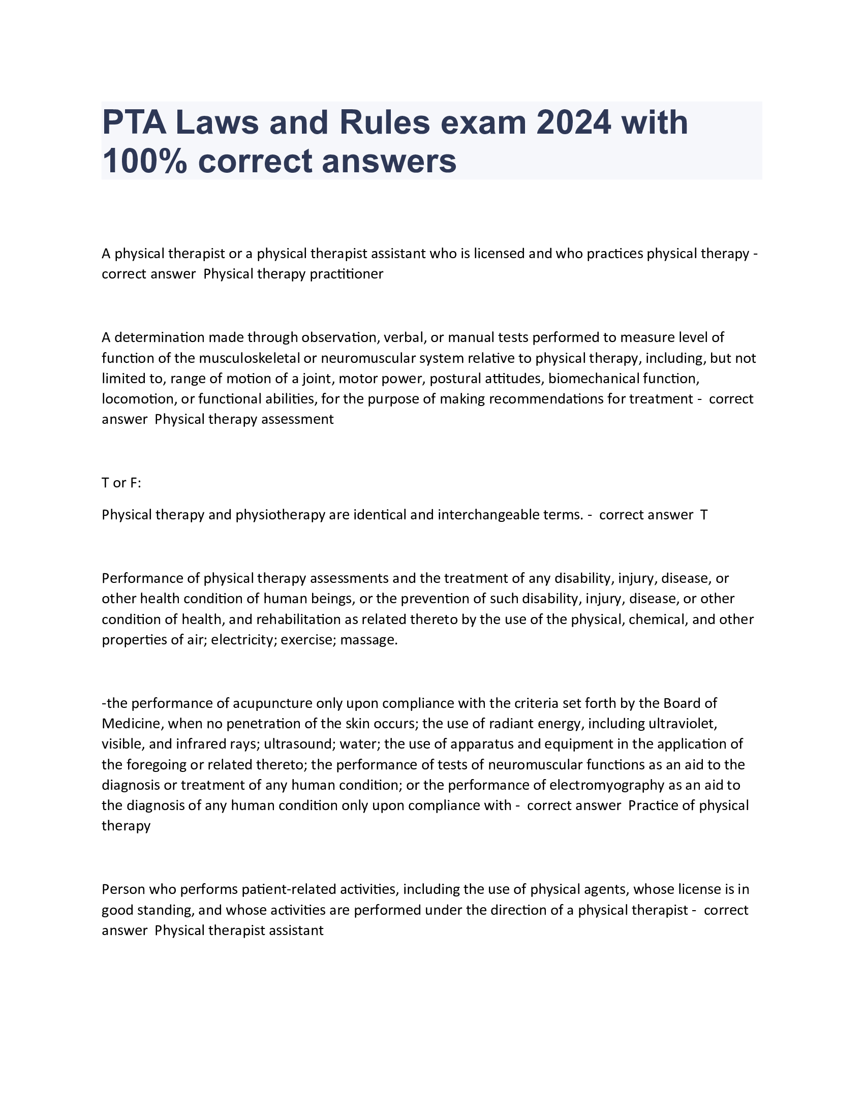 PTA Laws and Rules exam 2024 with correct answers