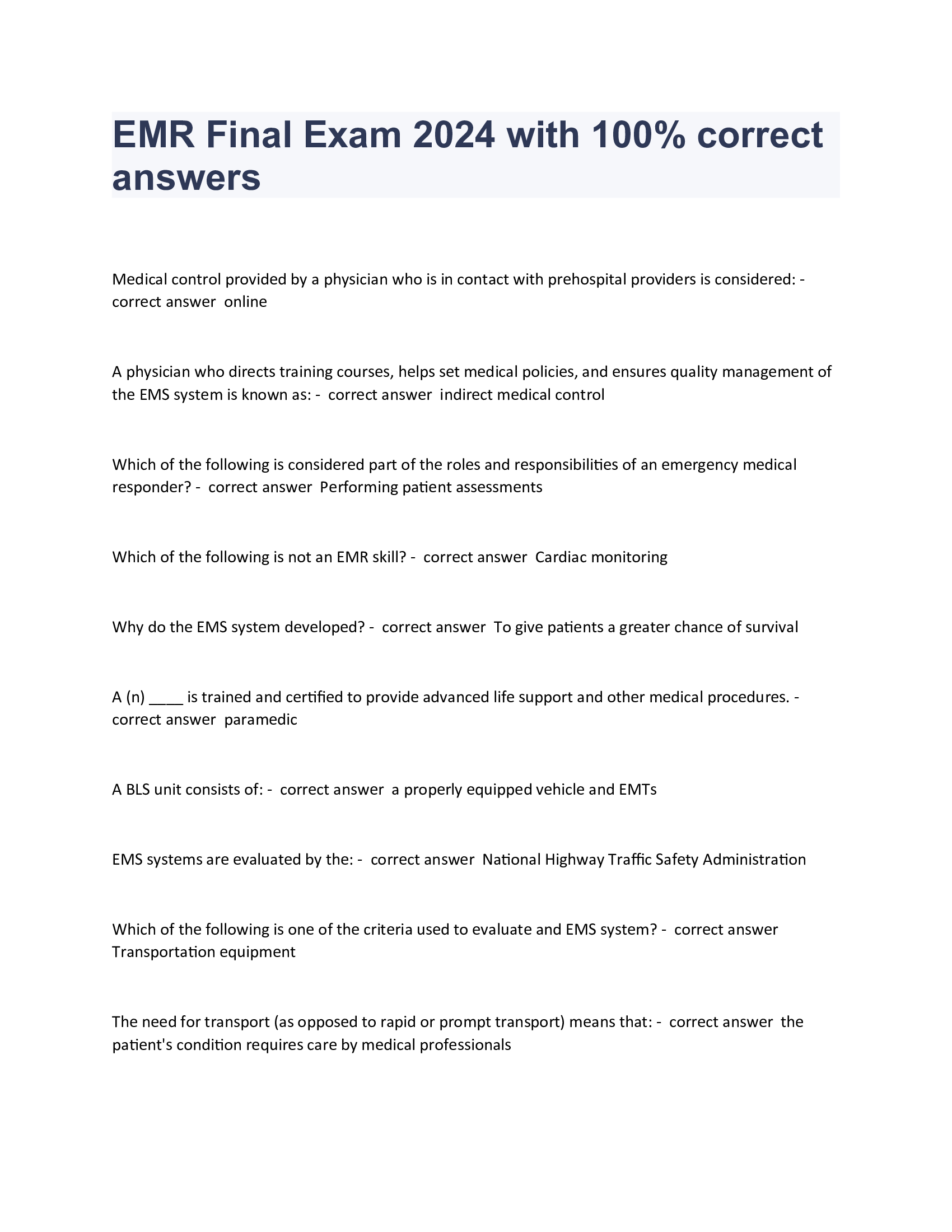 EMR Final Exam 2024 with 100 Percent correct answers