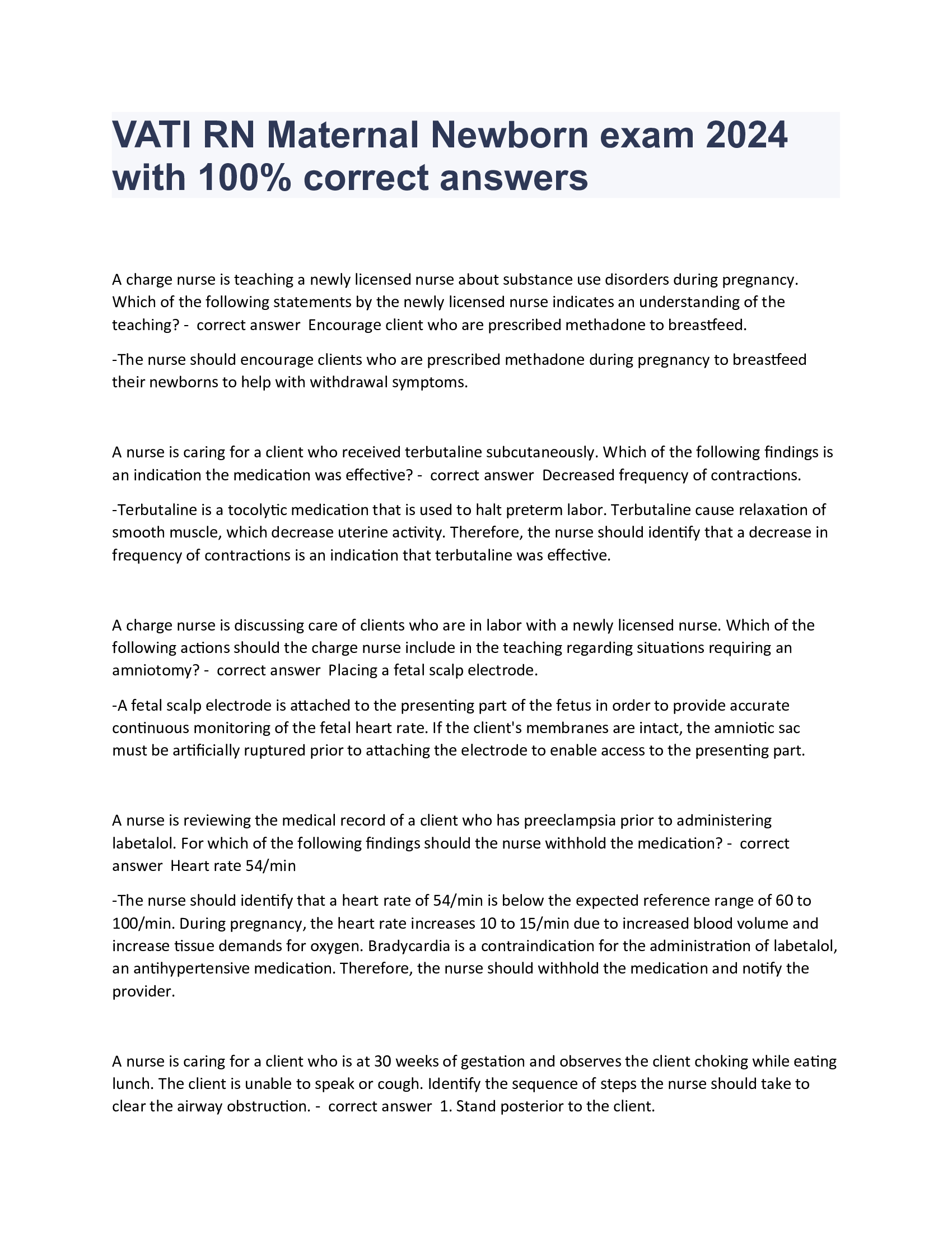 VATI RN Maternal Newborn exam 2024 with 100 Percent correct answers