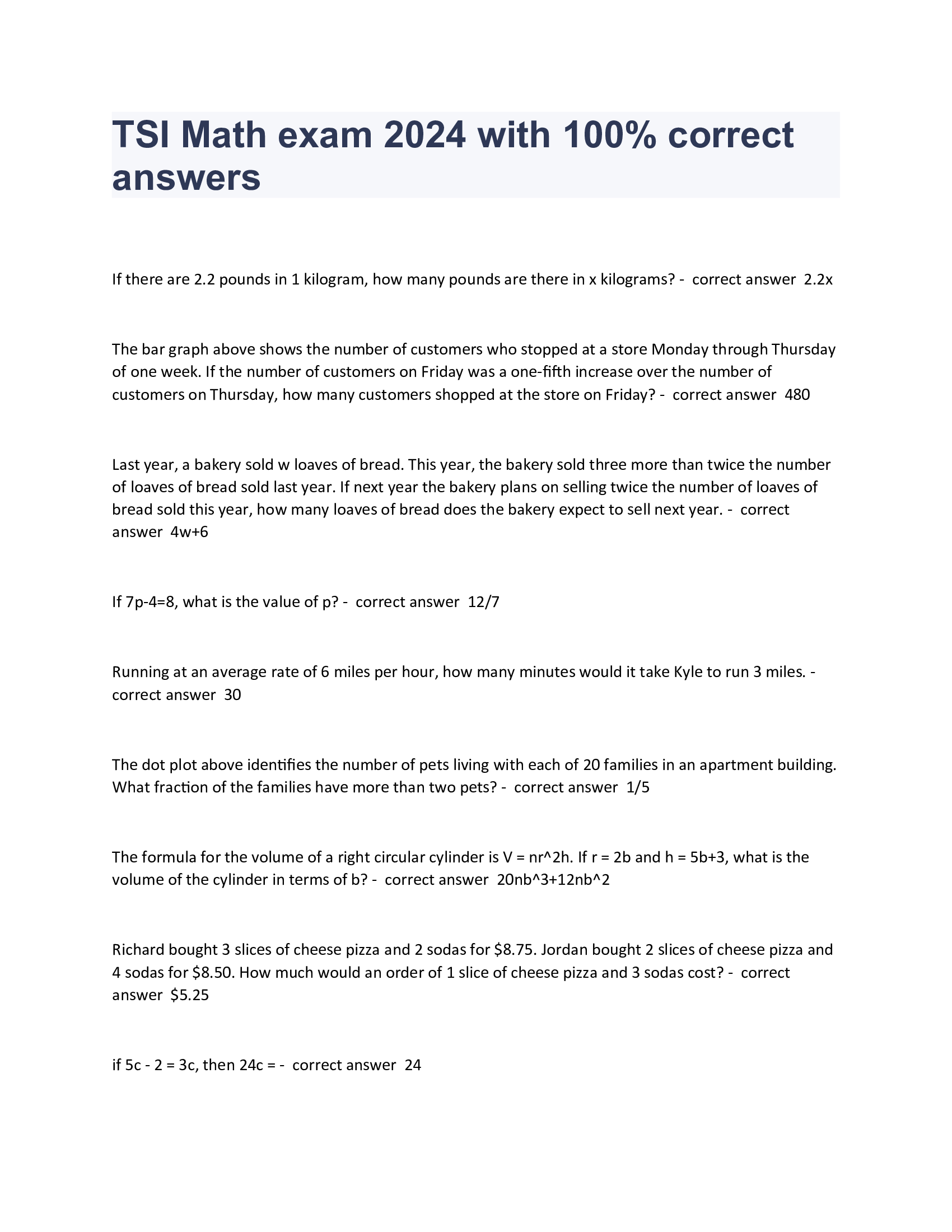 TSI Math exam 2024 with 100 Percent correct answers