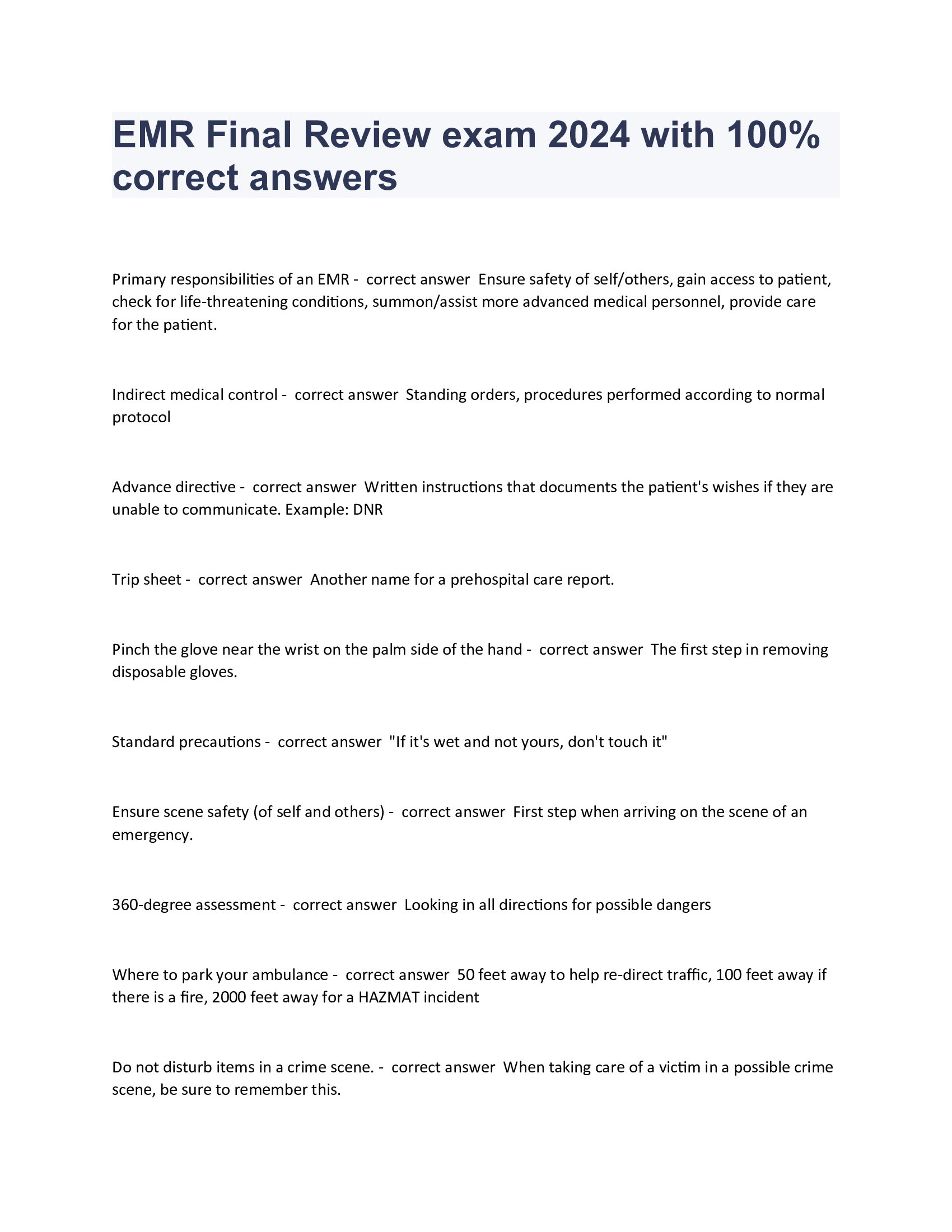 EMR Final Review exam 2024 with 100 Percent correct answers