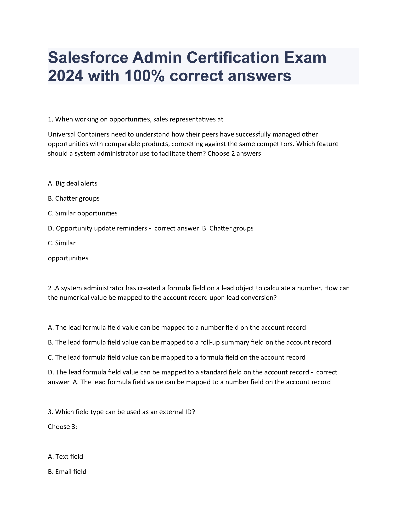 Salesforce Admin Certification Exam  2024 with 100% correct answers