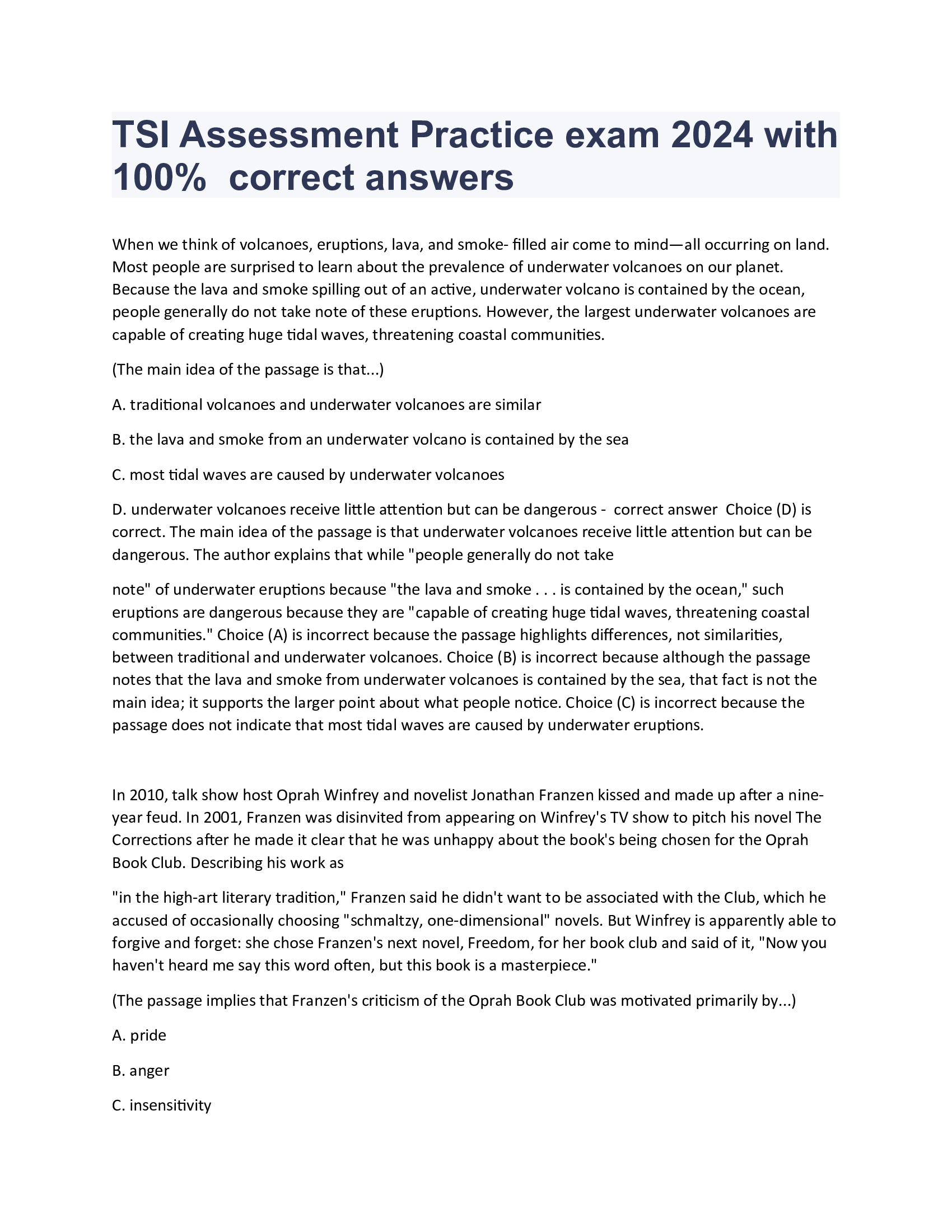 TSI Assessment Practice exam 2024 with 100 Percent correct answers