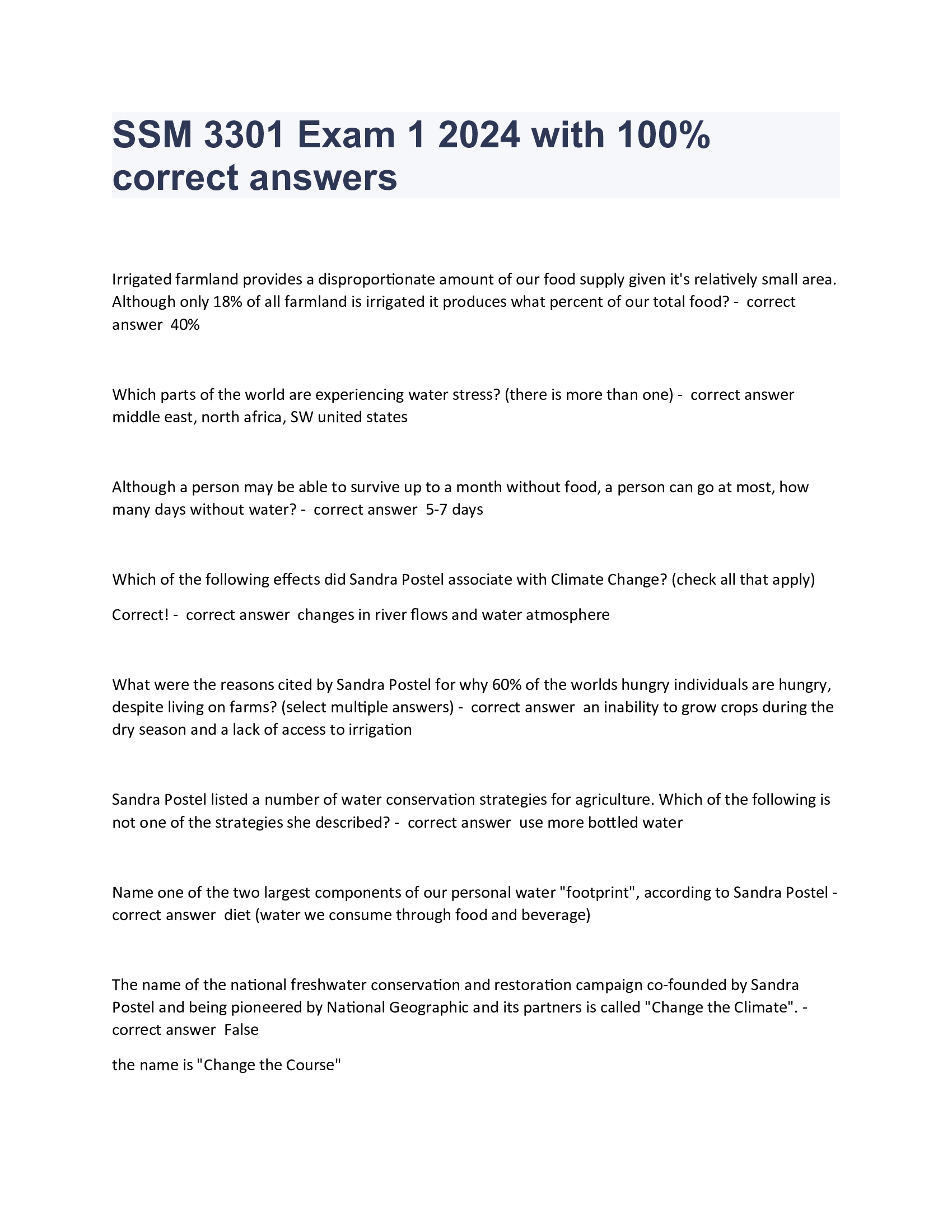 SSM 3301 Exam 1 2024 with 100 Percent correct answers