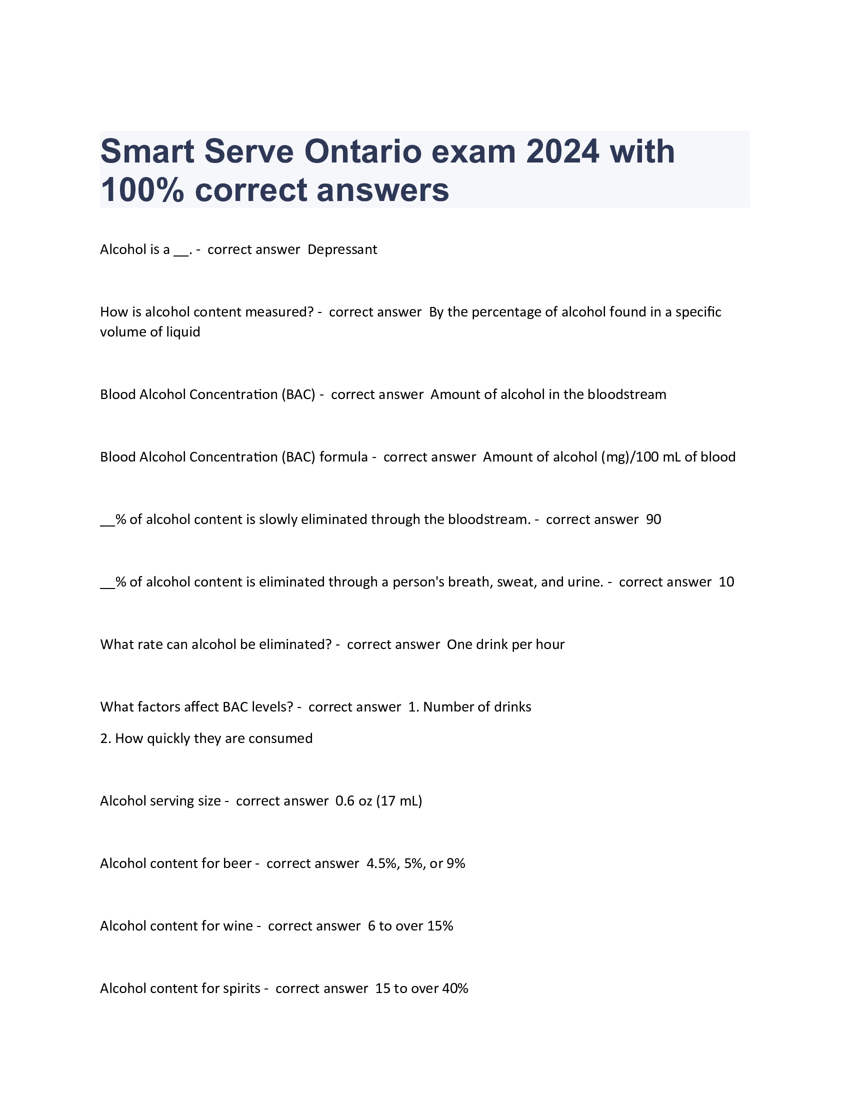 Smart Serve Ontario exam 2024 with 100  Percent correct answers