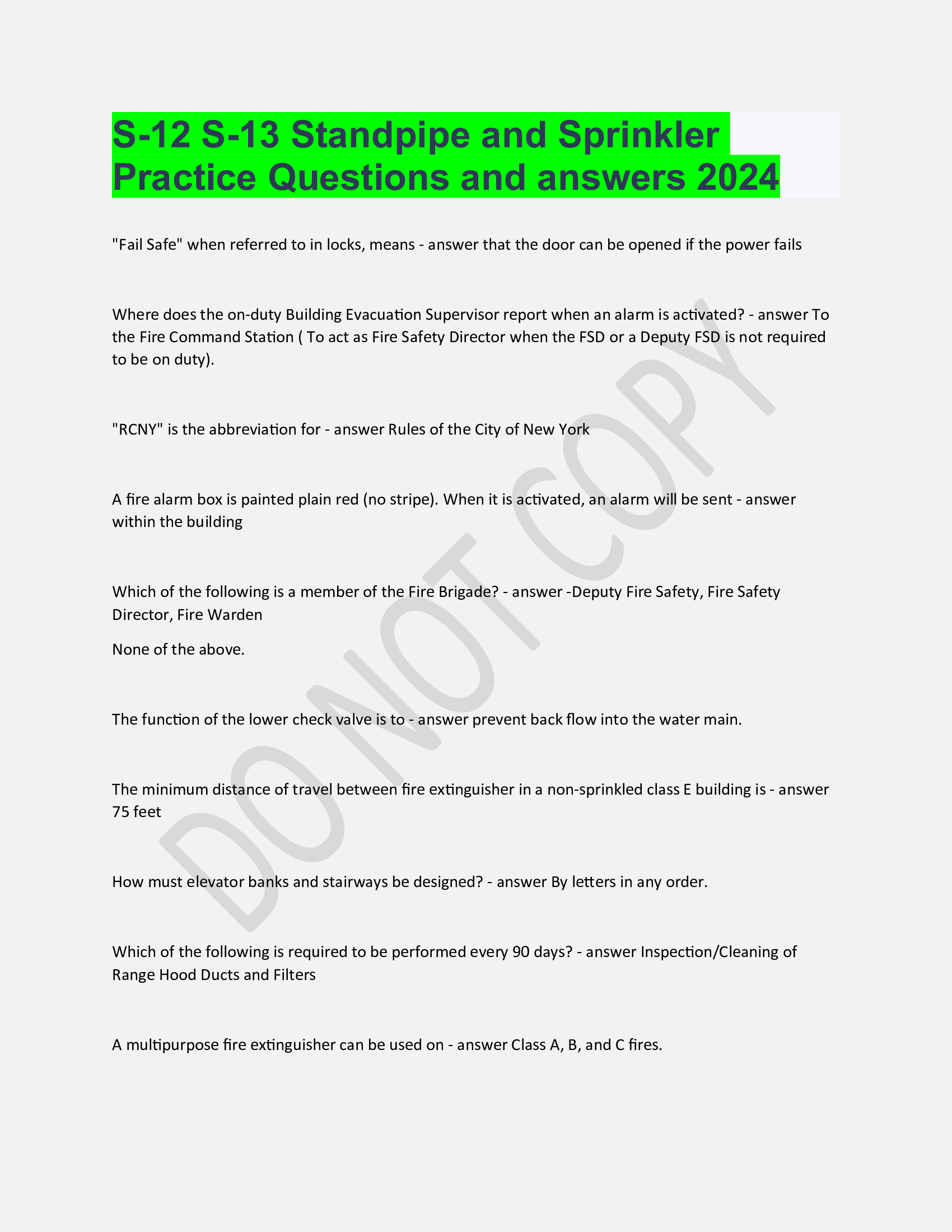 S-12 S-13 Standpipe and Sprinkler Practice Questions and answers 2025/2026