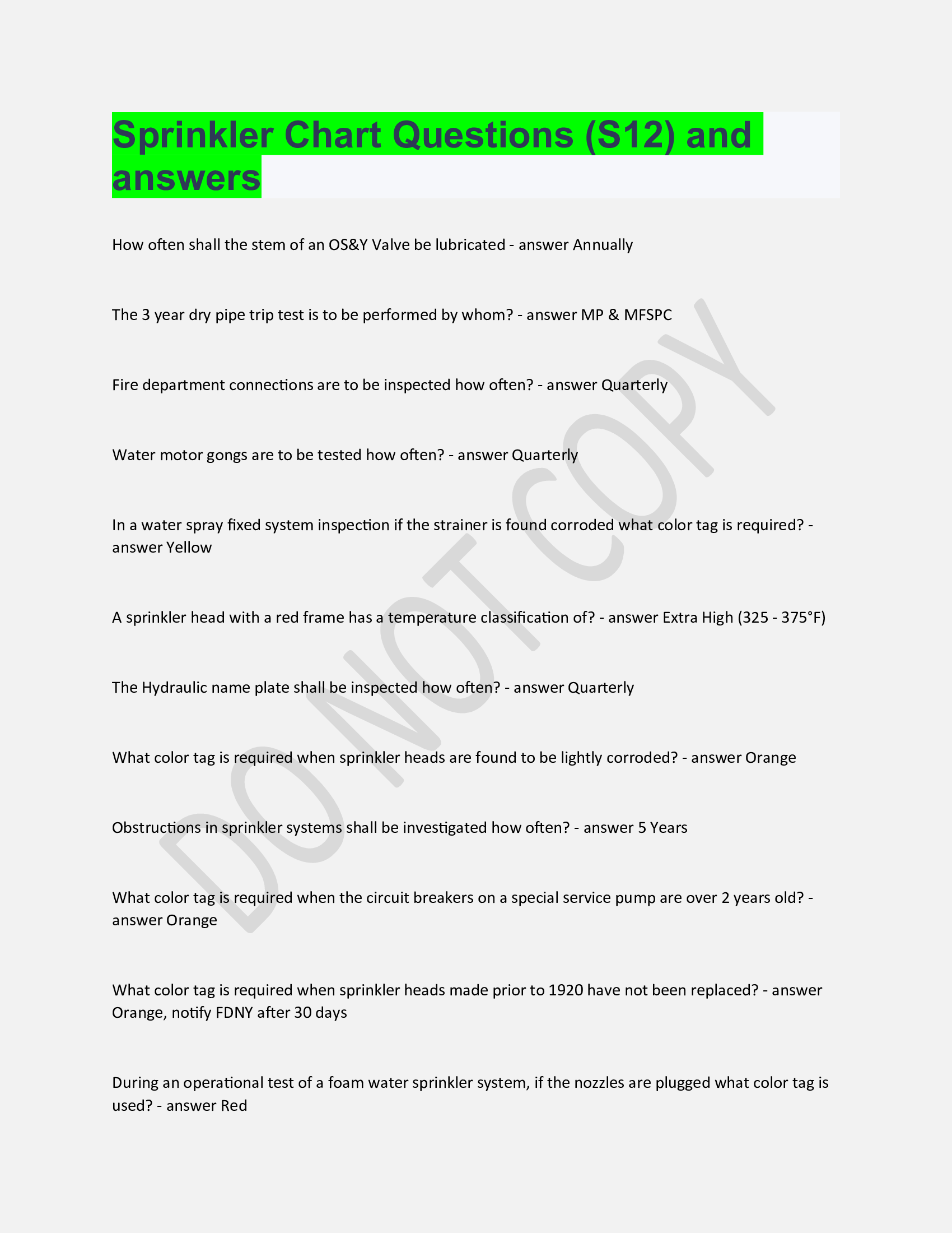 Sprinkler Chart Questions (S12) and answers