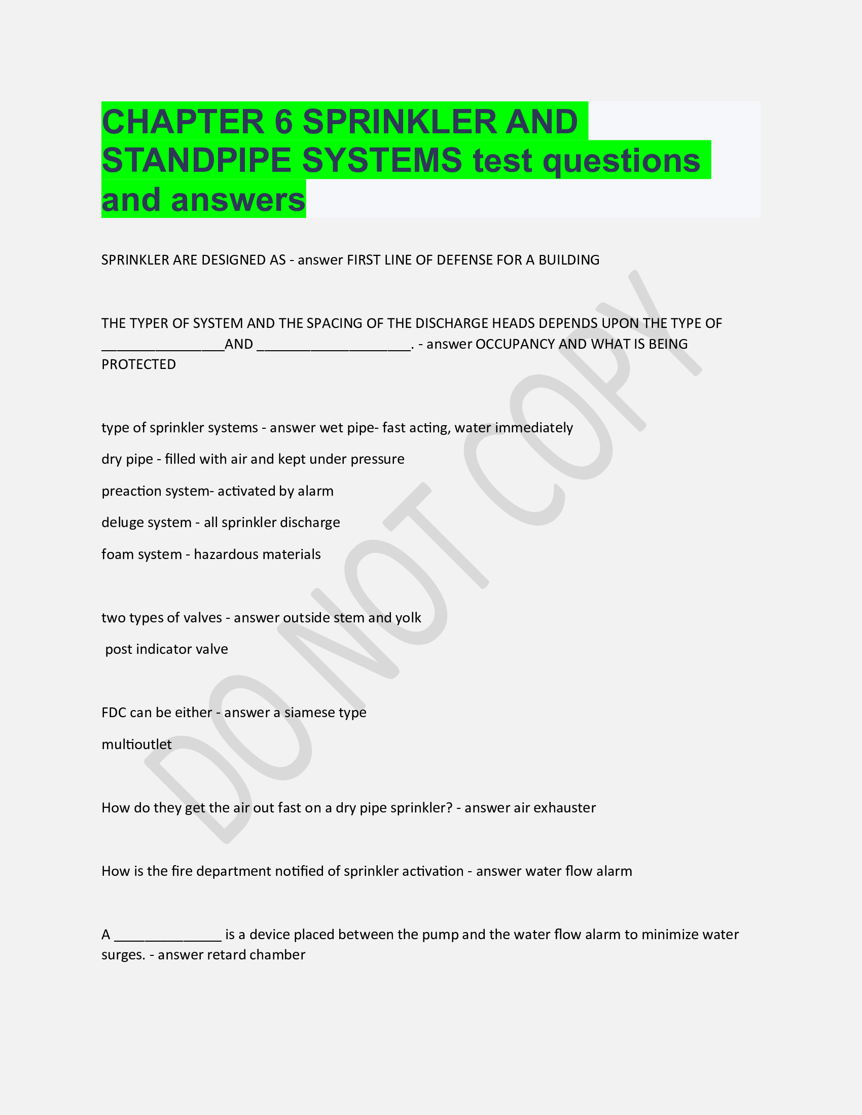 CHAPTER 6 SPRINKLER AND STANDPIPE SYSTEMS test questions and answers