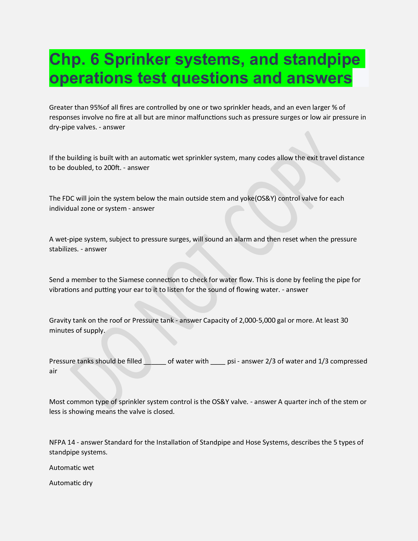 Chp. 6 Sprinker systems, and standpipe operations test questions and answers
