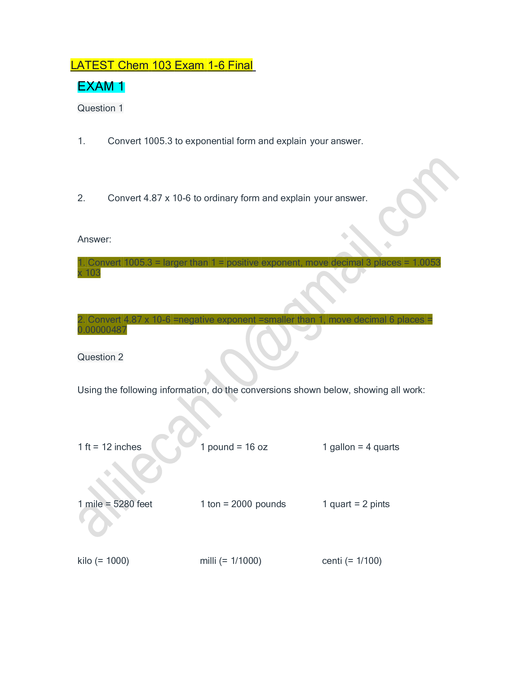 CHEM 103 Module 1, 2, 3, 4, 5, 6 Exam (Latest-2023), CHEM103 Module 1, 2, 3, 4, 5, 6 Exam: General Chemistry II: Portage Learning