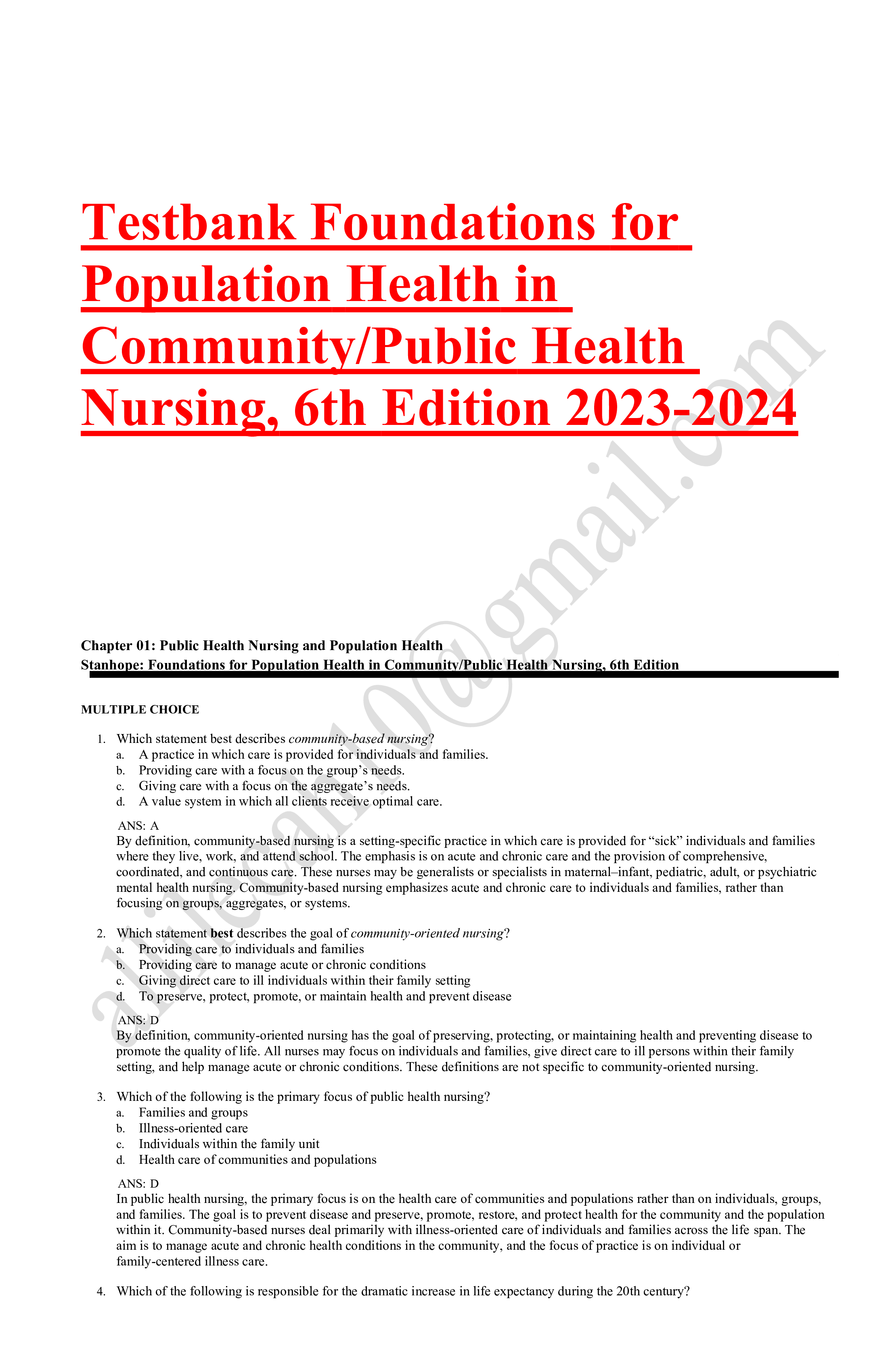 Test bank community nursing Latest update 2023-2024