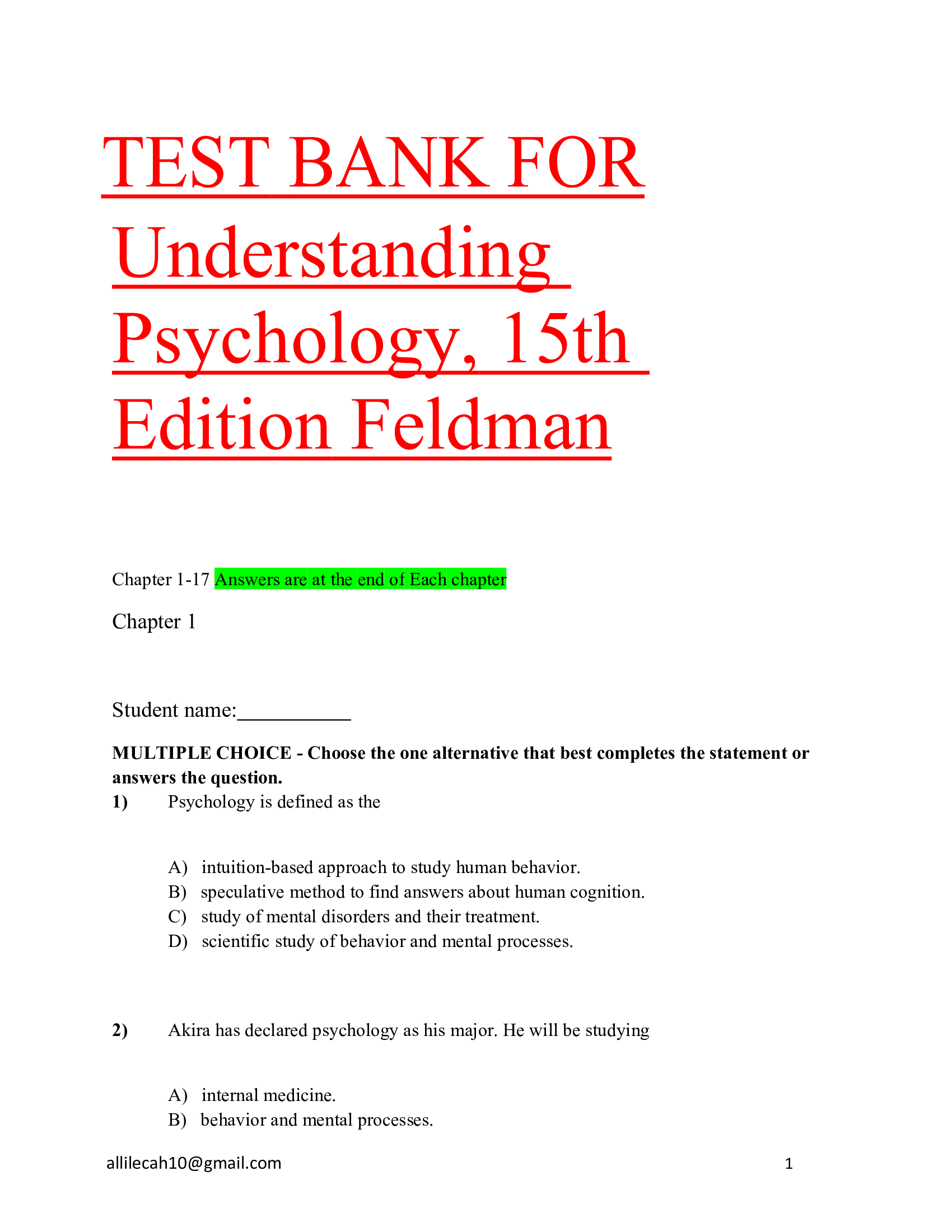Test bank for understanding psychology 15th edition by robert feldman 2023 Updated