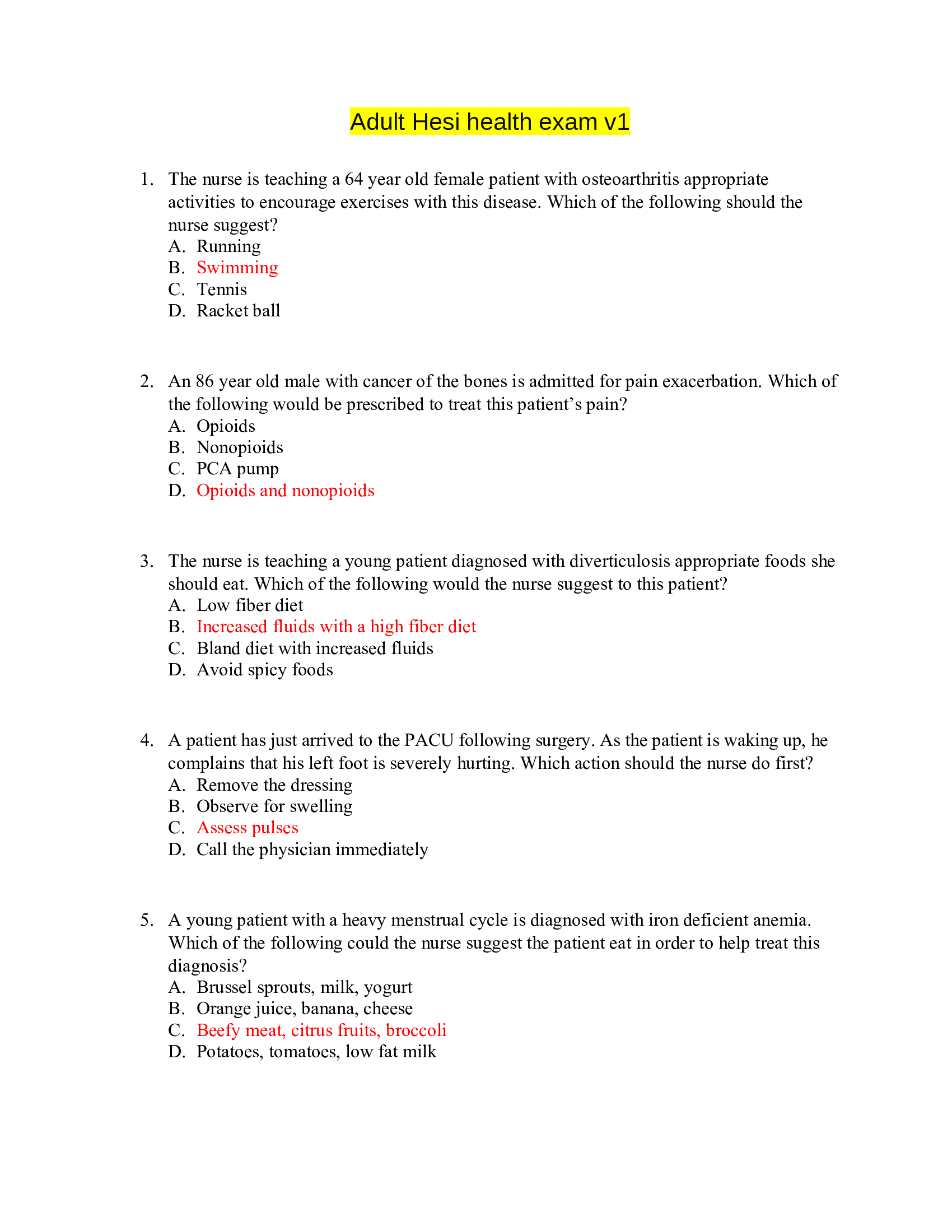 Adult health hesi EXAM QUESTIONS & ANSWERS, LATEST UPDATE 2023-2024, RATED A+