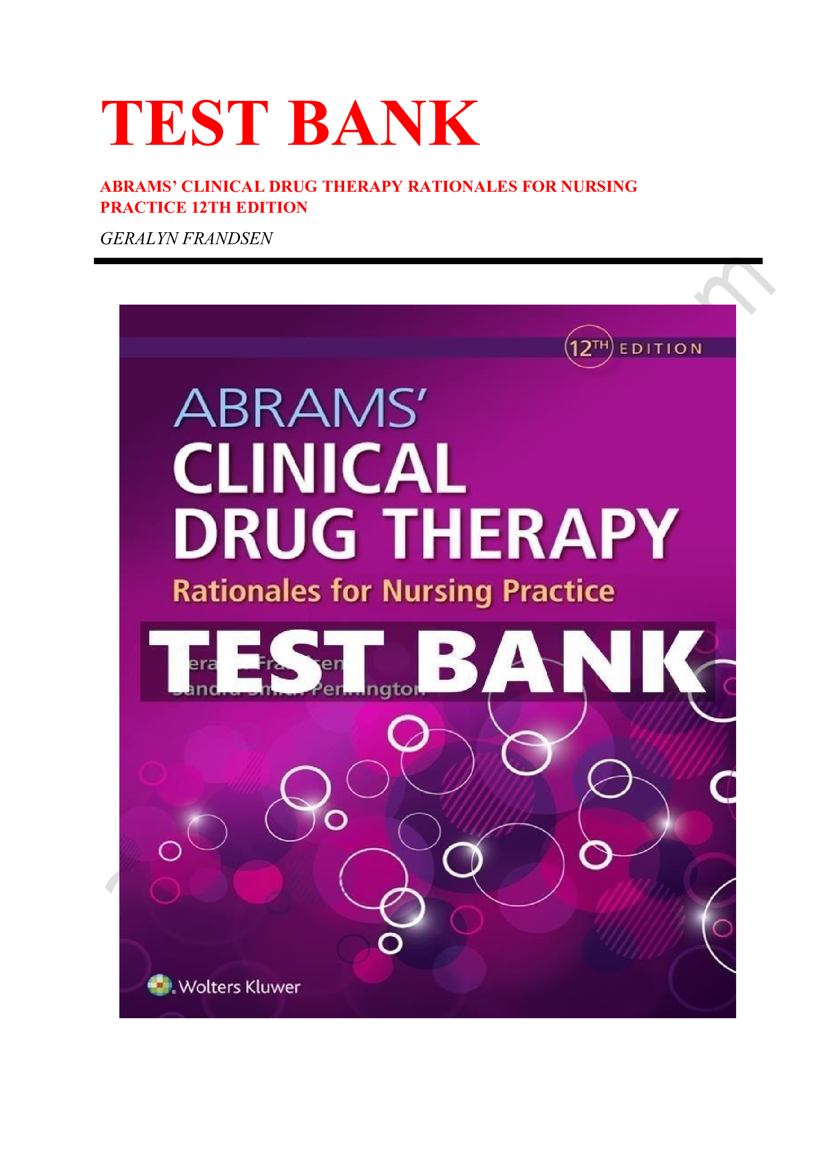 Test bank for abrams clinical drug therapy rationales for nursing practice 12th edition 2023-2024 Latest Update
