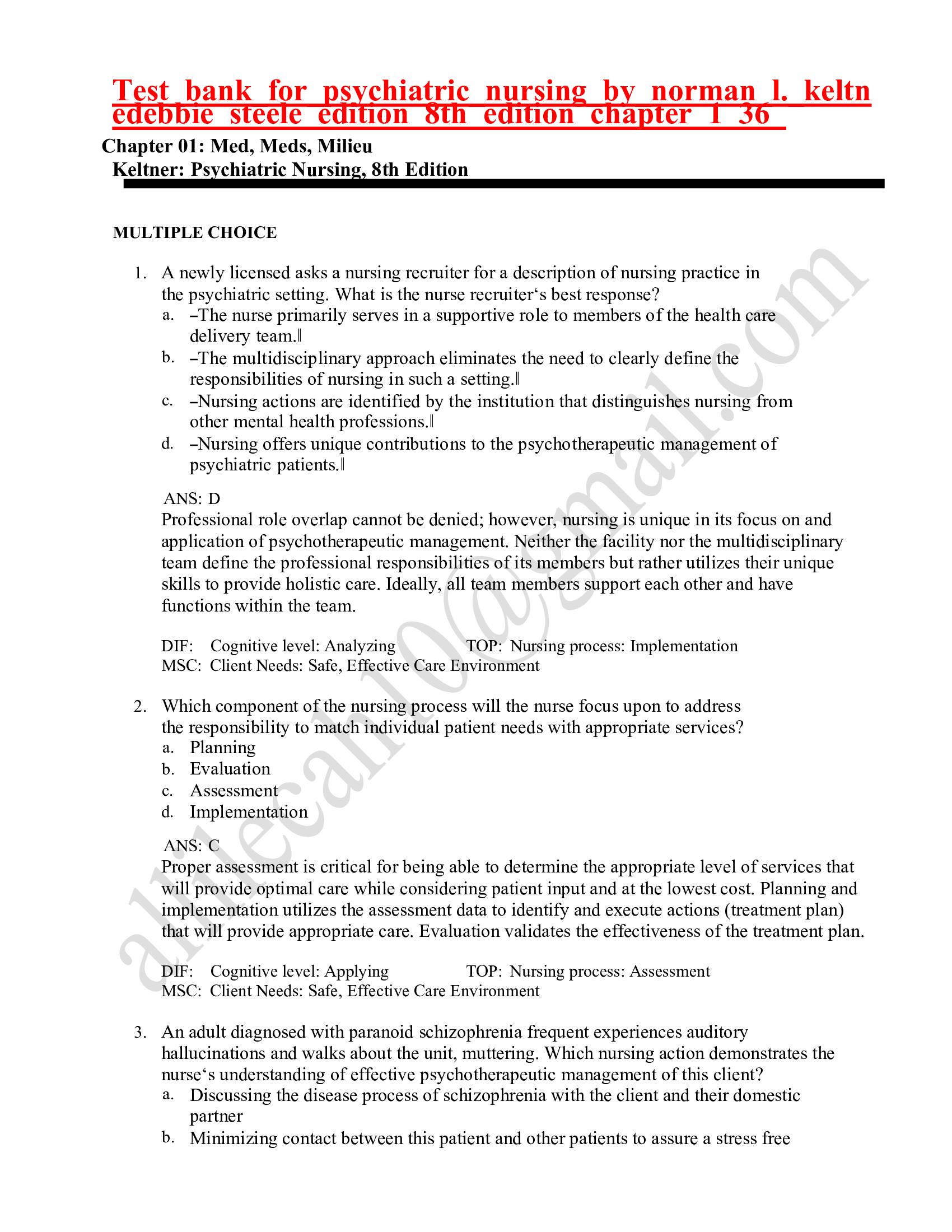 Test bank for psychiatric nursing by norman l. keltne debbie steele edition 8th edition Latest Update 2023-2024
