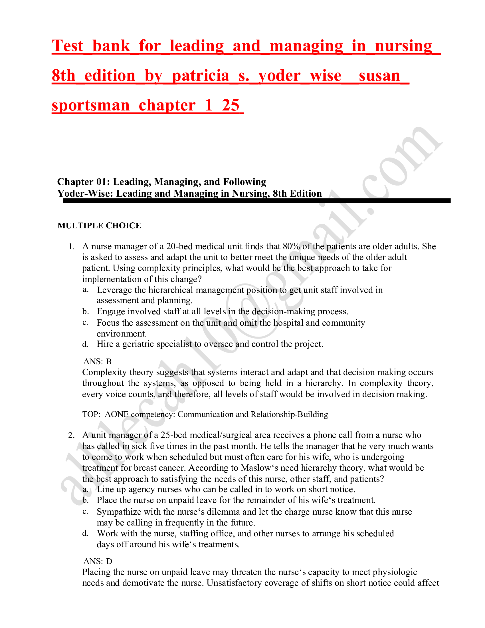 Test bank for leading and managing in nursing 8th edition by patricia s. yoder wise susan Latest 2023-2024