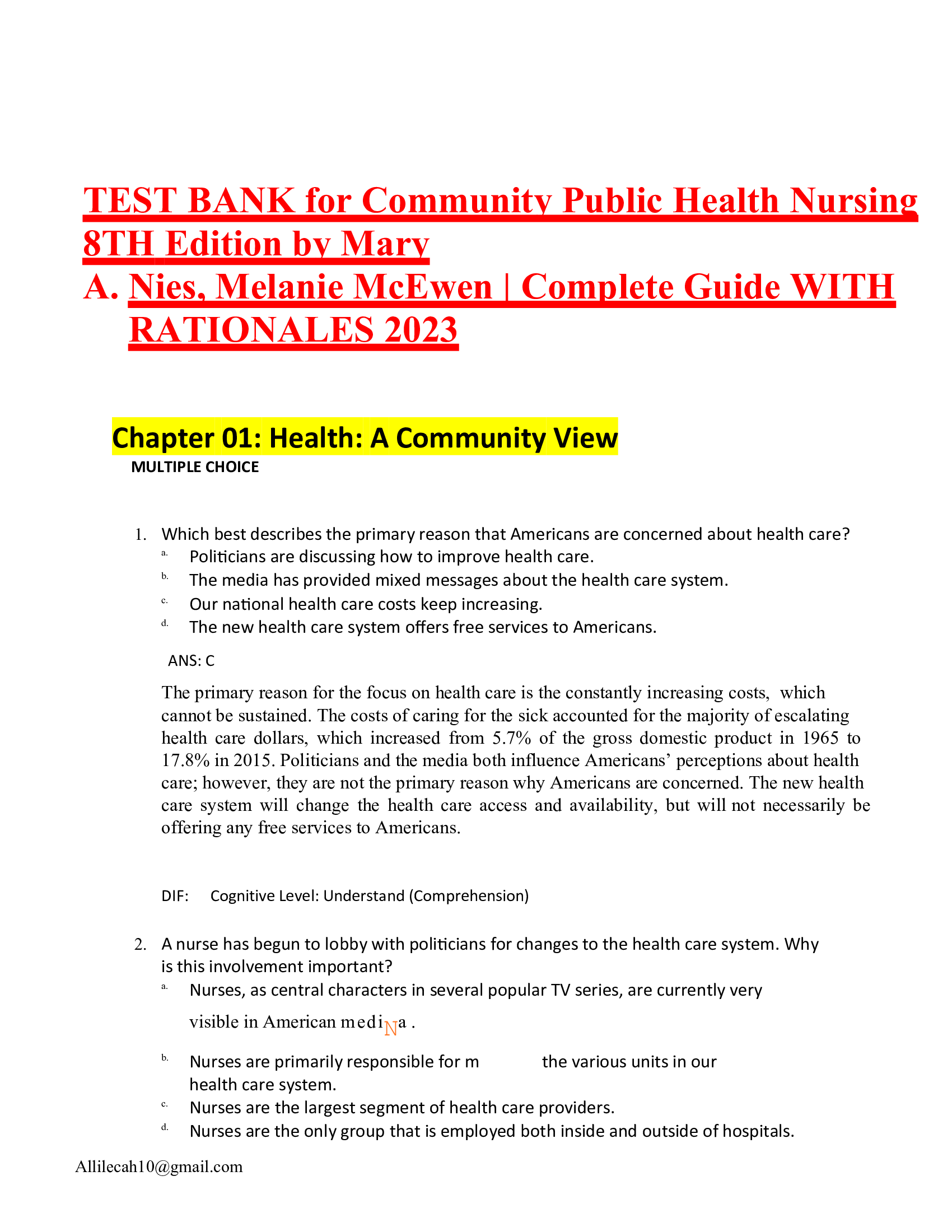 Test bank for community public health nursing 8th edition by mary 2023 Updated