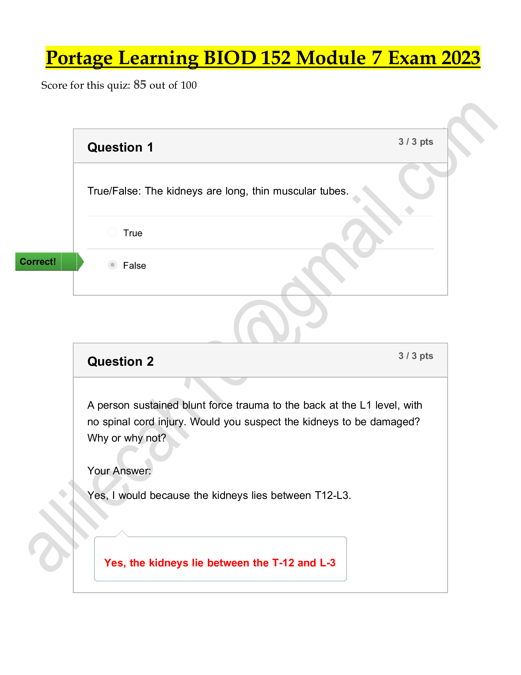 BIOD 152 Module 7 Exam (3 Versions, Latest-2023), BIOD152 Module 7 Exam, BIOD 152 A & P 2 Module 7 Exam: Essential Human Anatomy & Physiology II: Portage Learning |100 Percent Correct Q & A|