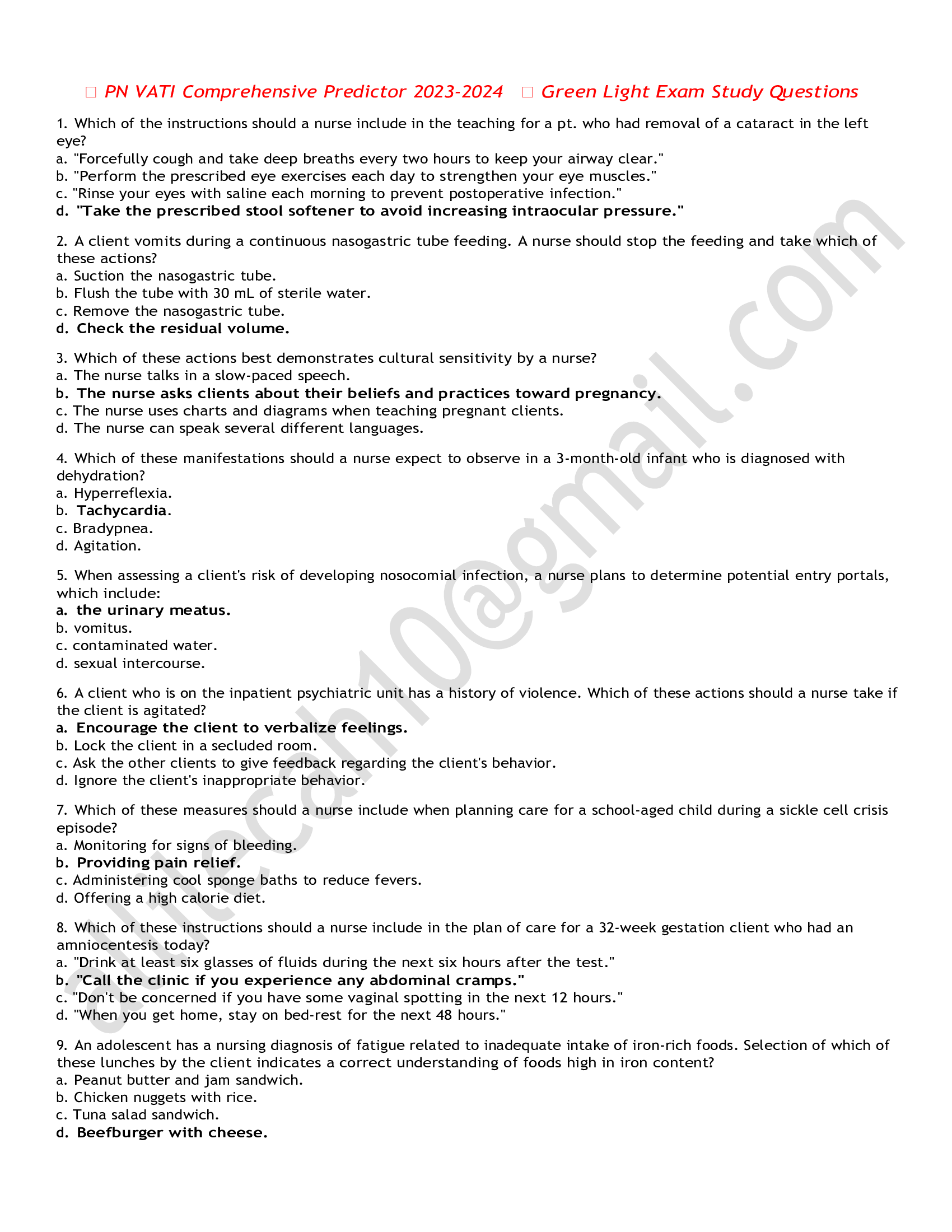 PN VATI Comprehensive Predictor 2020 Green Light Exam Study Questions and answers.