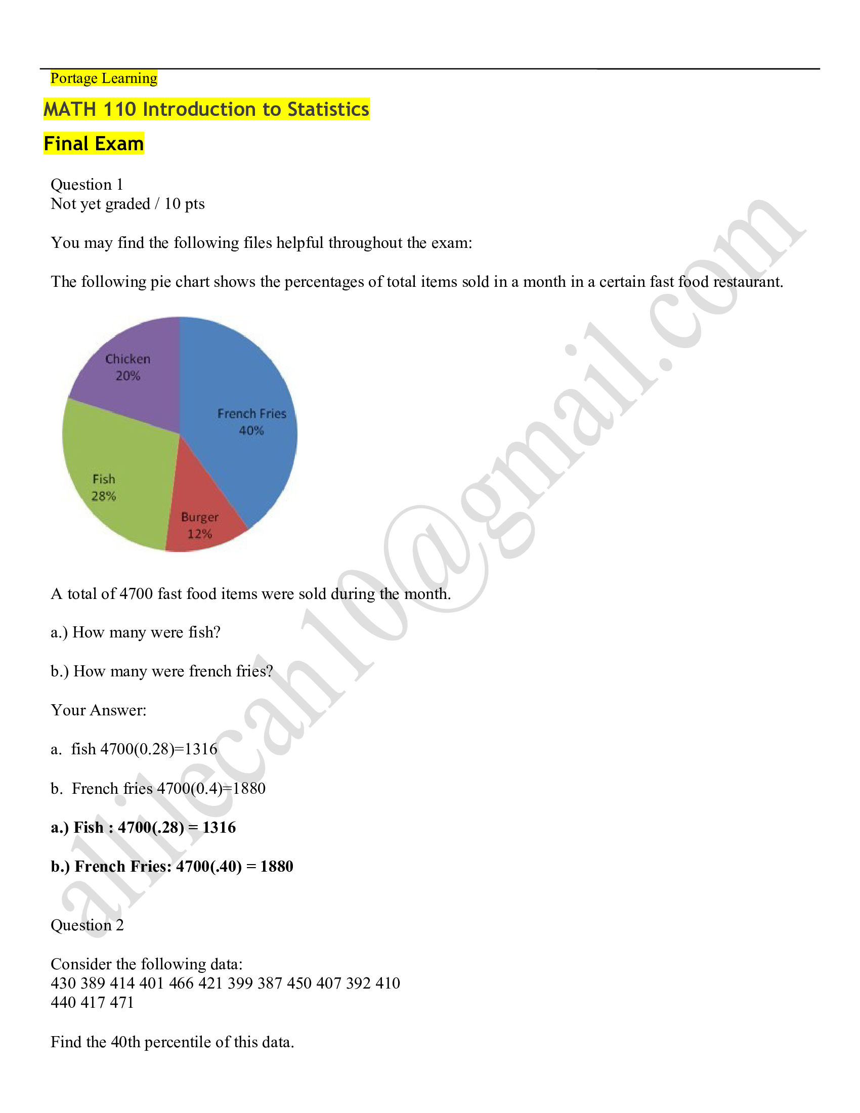 MATH 110 Final Exam (Latest-2023), MATH110 Final Exam, MATH 110 Statistics Final Exam, MATH110 Statistics Final Exam: Portage Learning |100 Percent Correct Q & A|