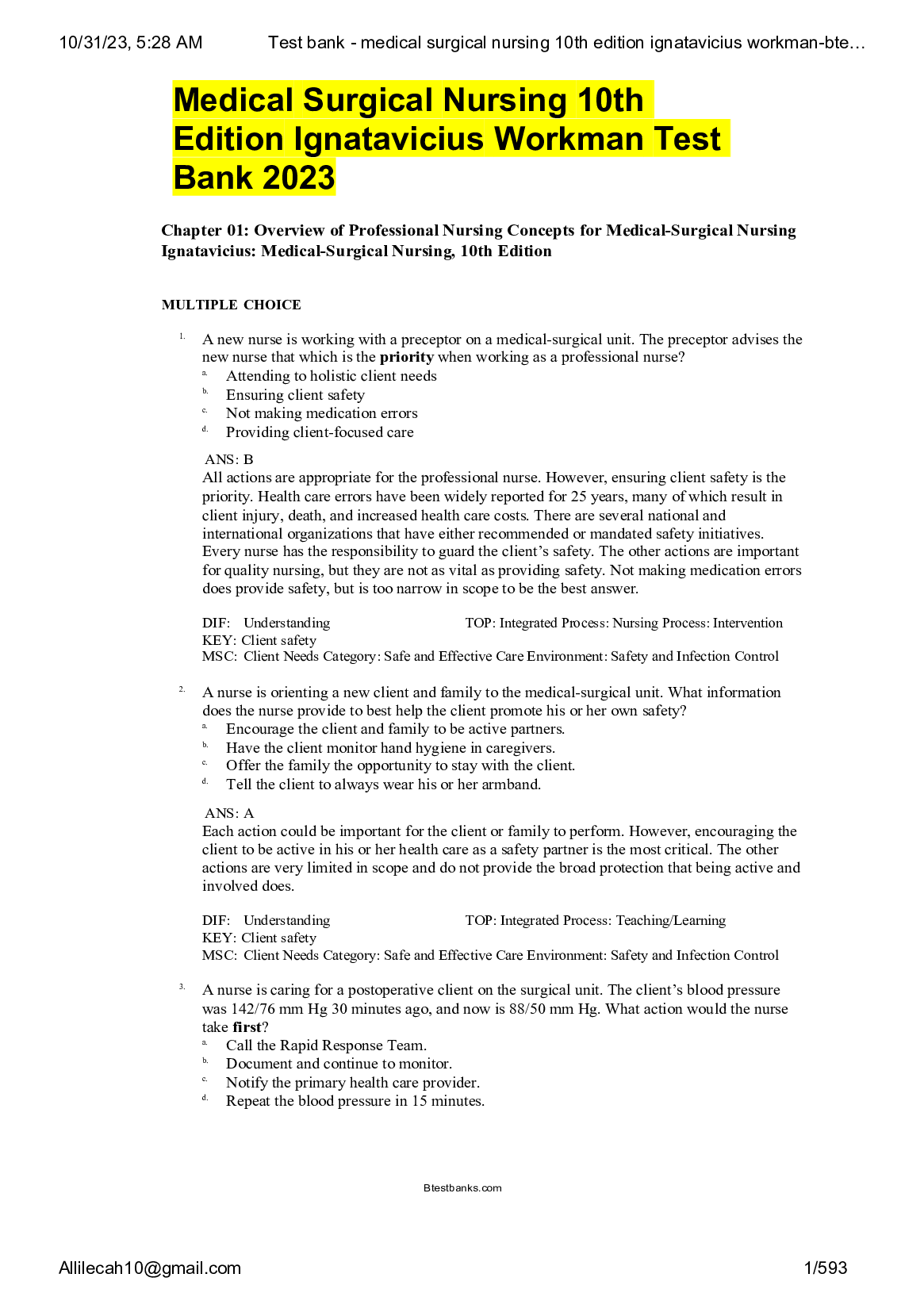 Test bank medical surgical nursing 10th edition ignatavicius workman 2023 Updated