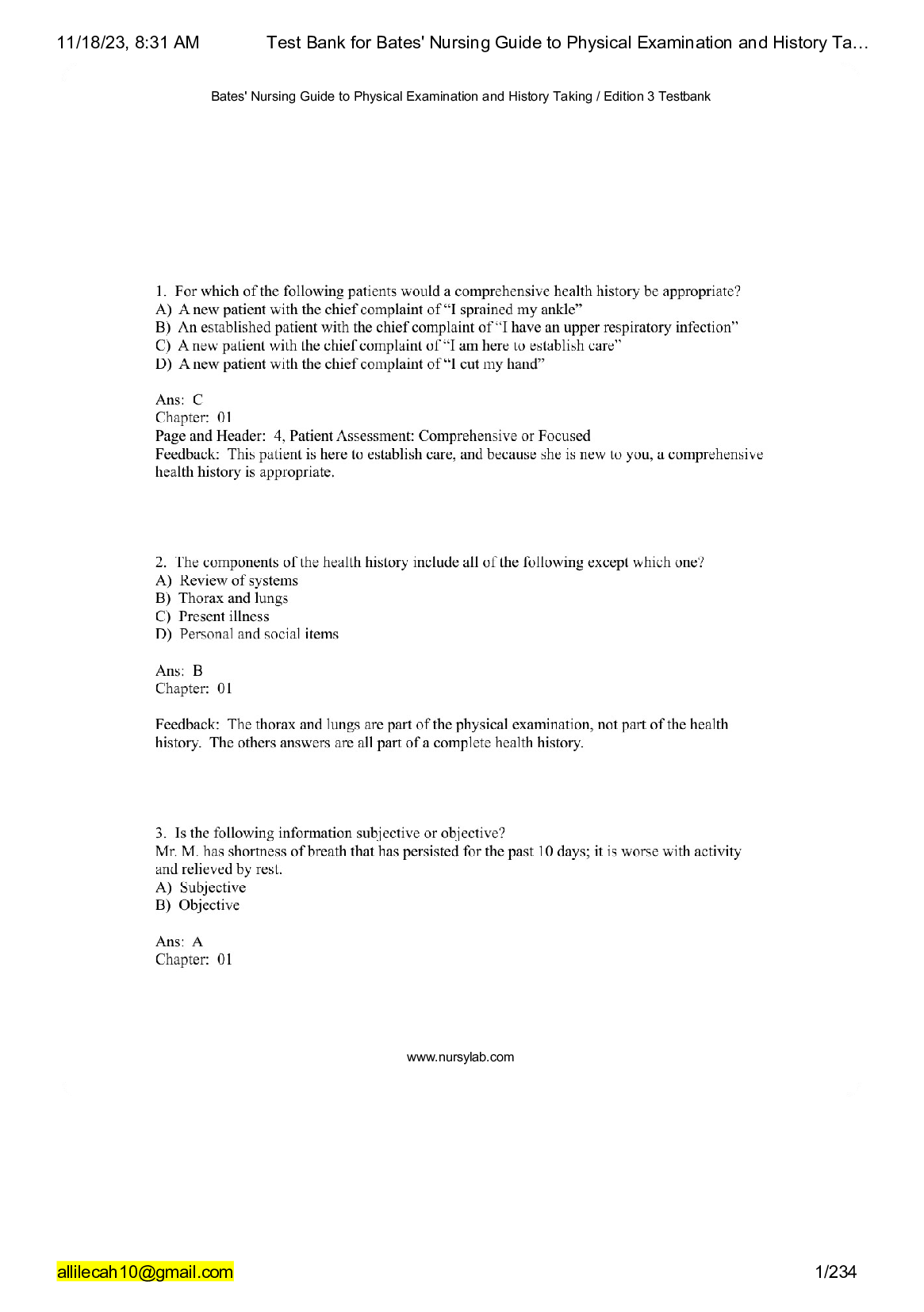 Test bank for bates nursing guide to physical examination and history taking 3rd third edition 2023-2024 Latest Update