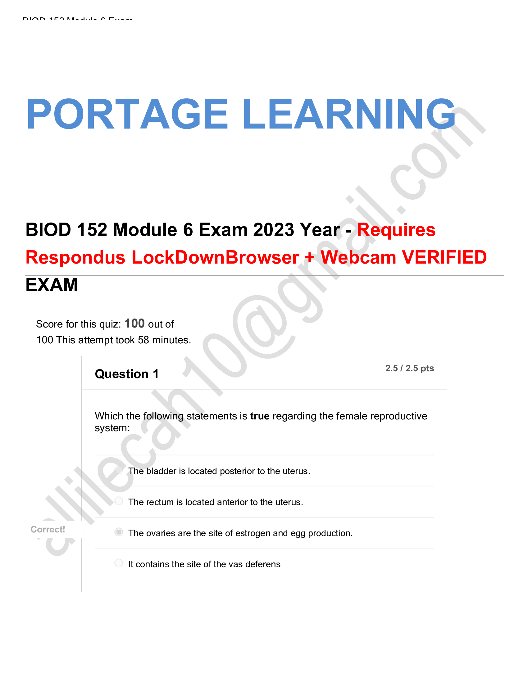 BIOD 152 Module 6 Exam (2 Versions, Latest-2023), BIOD152 Module 6 Exam, BIOD 152 A & P 2 Module 6 Exam: Essential Human Anatomy & Physiology II: Portage Learning |100 Percent Correct Q & A|