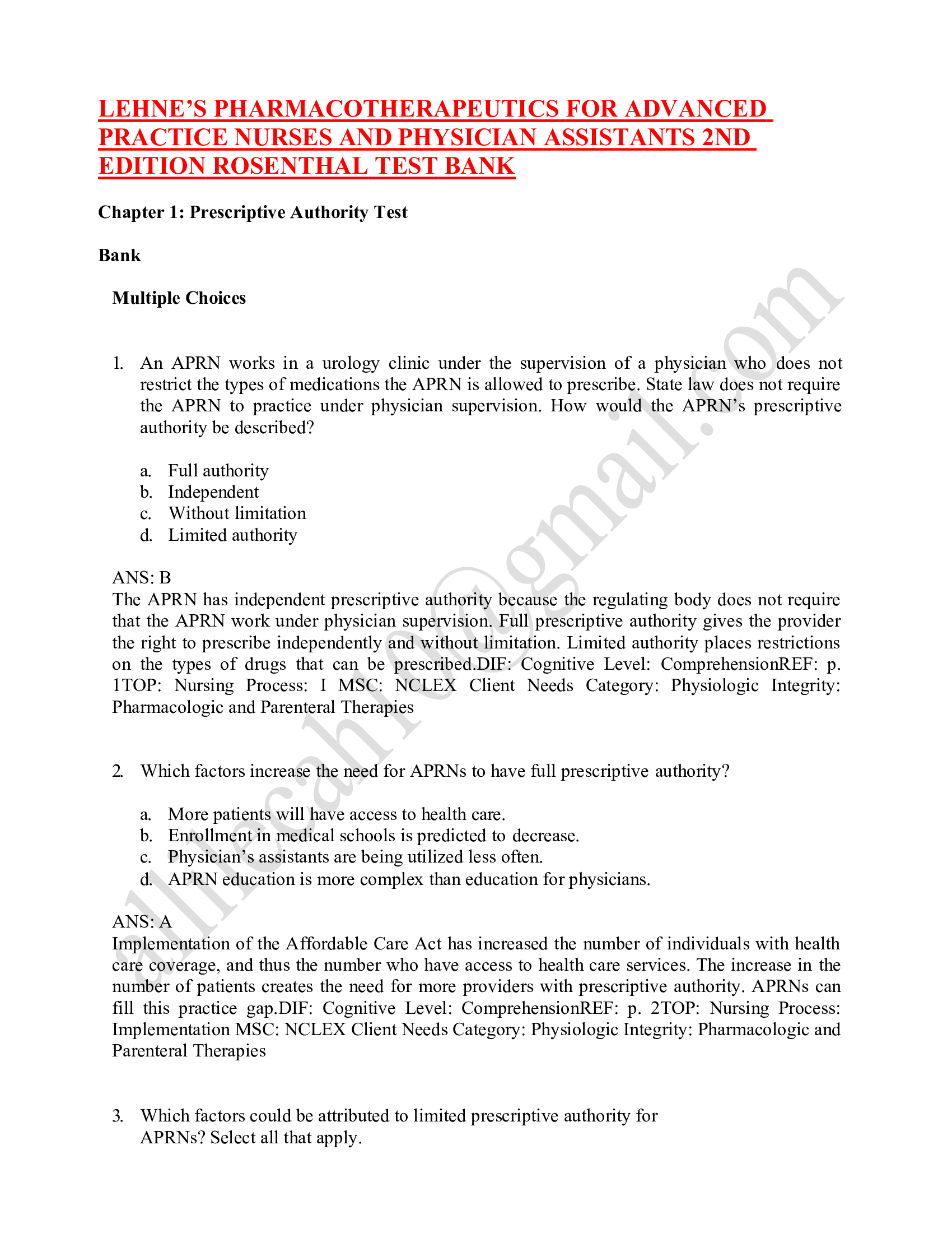 Test bank lehnes pharmacotherapeutics for advanced practice nurses and physician assistants 2023-2024 Latest Update