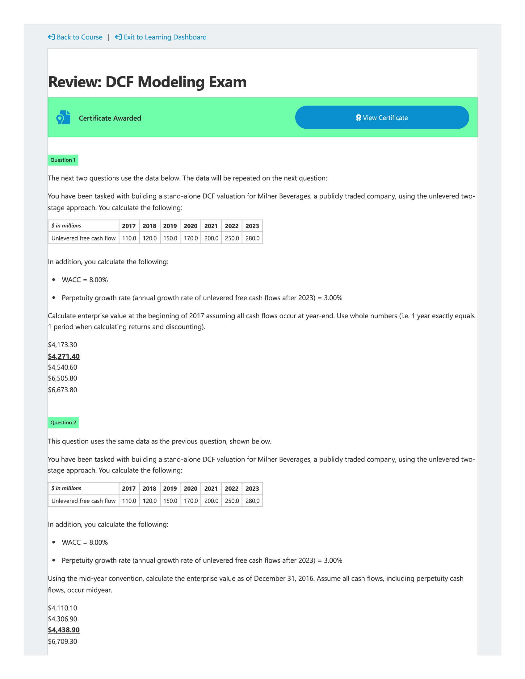 Discounted Cash Flow Modeling Wall Street Prep Exam