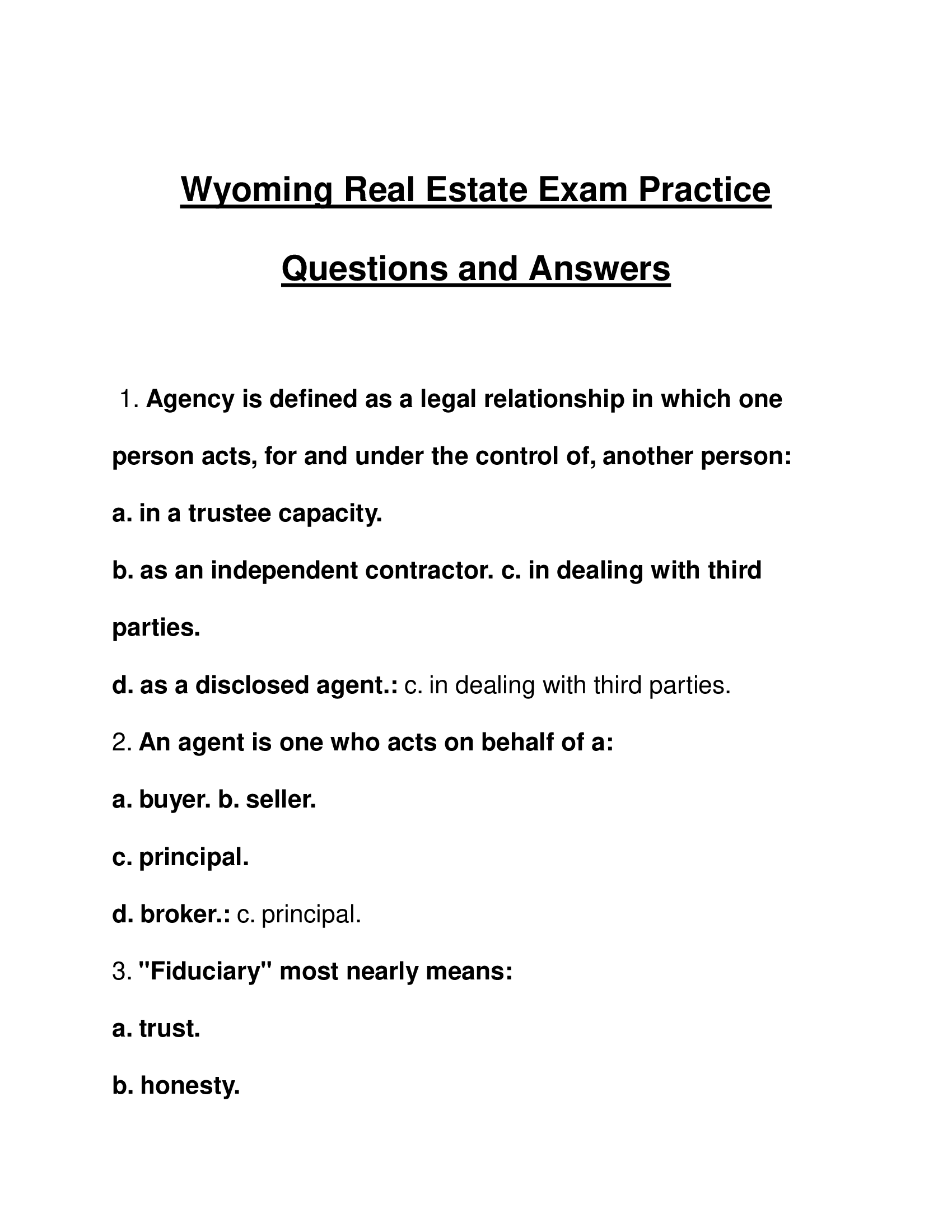 Wyoming Real Estate Exam Practice Questions and Answers 2023