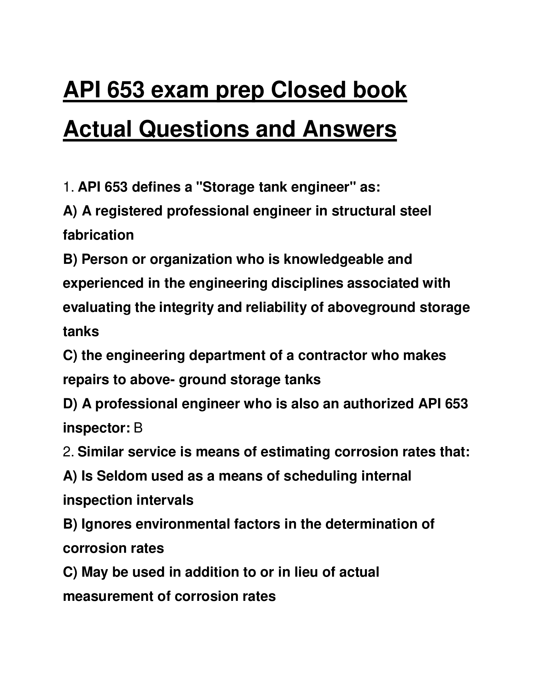 API 653 exam prep Closed book Actual Questions and Answers 2024
