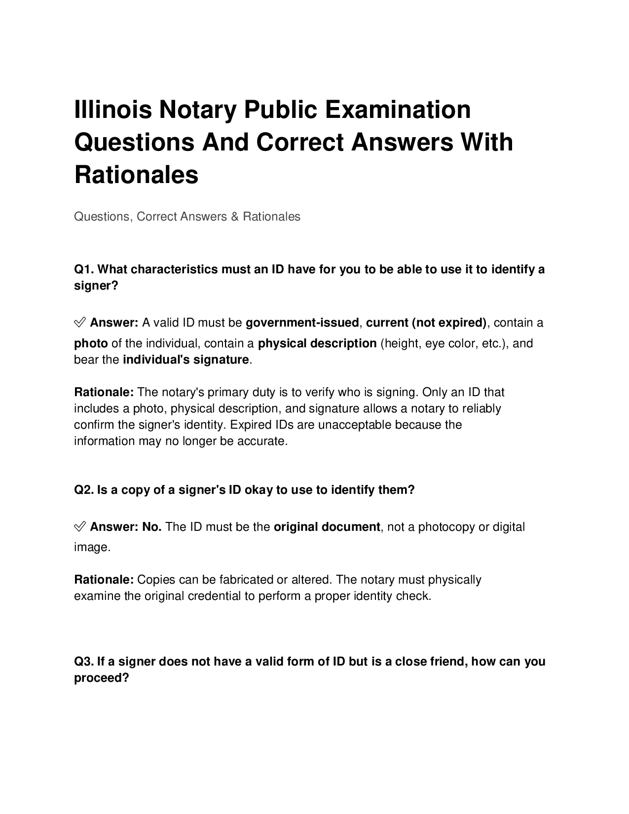 Illinois Notary Public Examination Questions And Verified Answers With Rationales| 2026