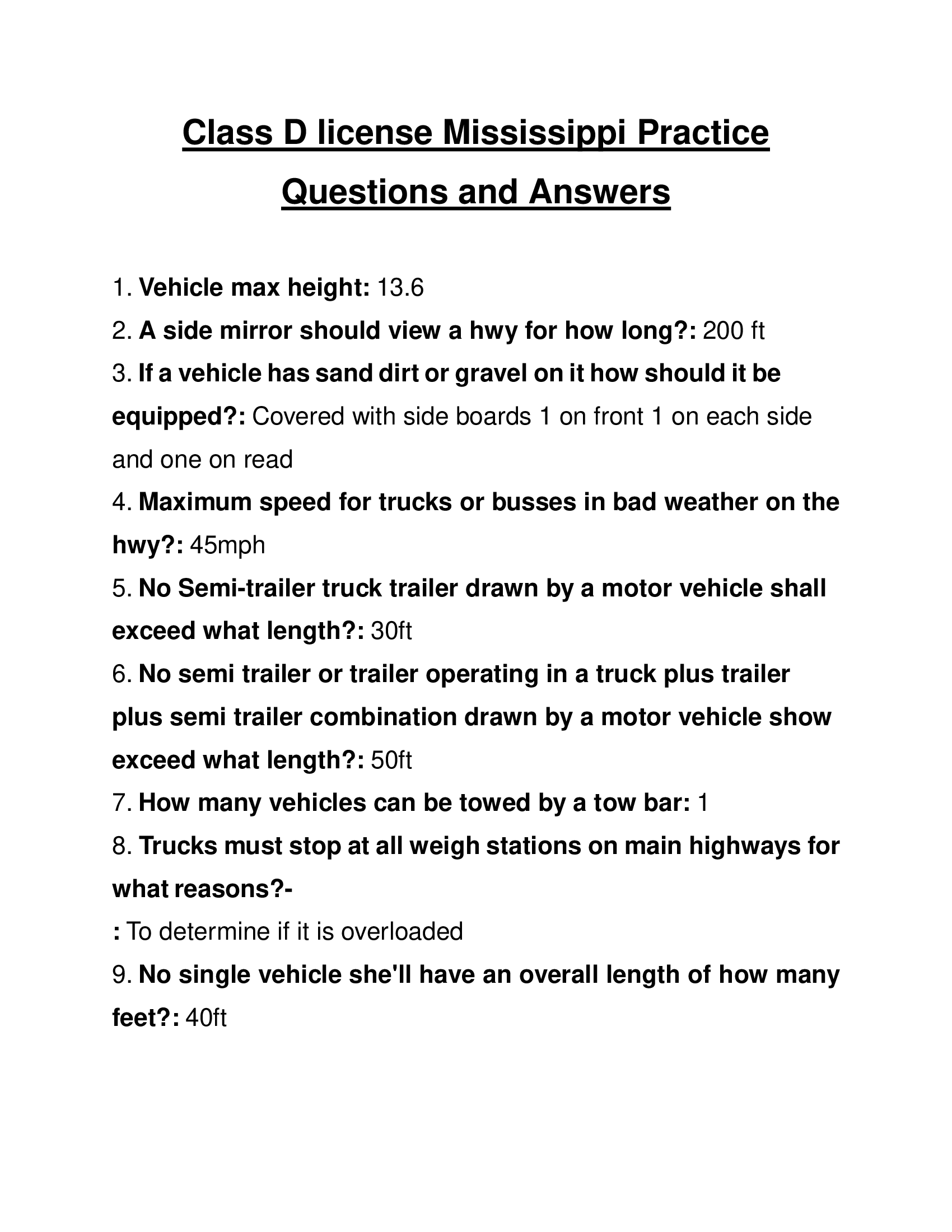 Class D license Mississippi Practice Questions and Answers