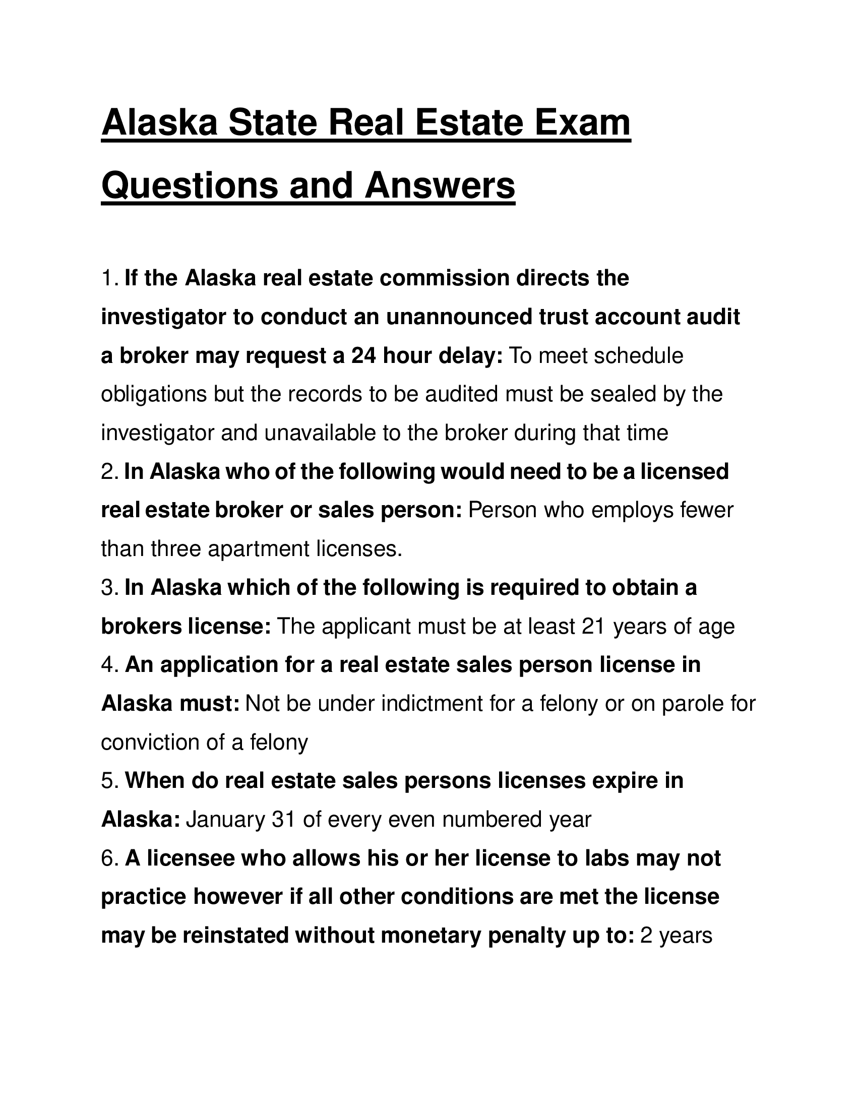 Alaska State Real Estate Exam Questions and Answers