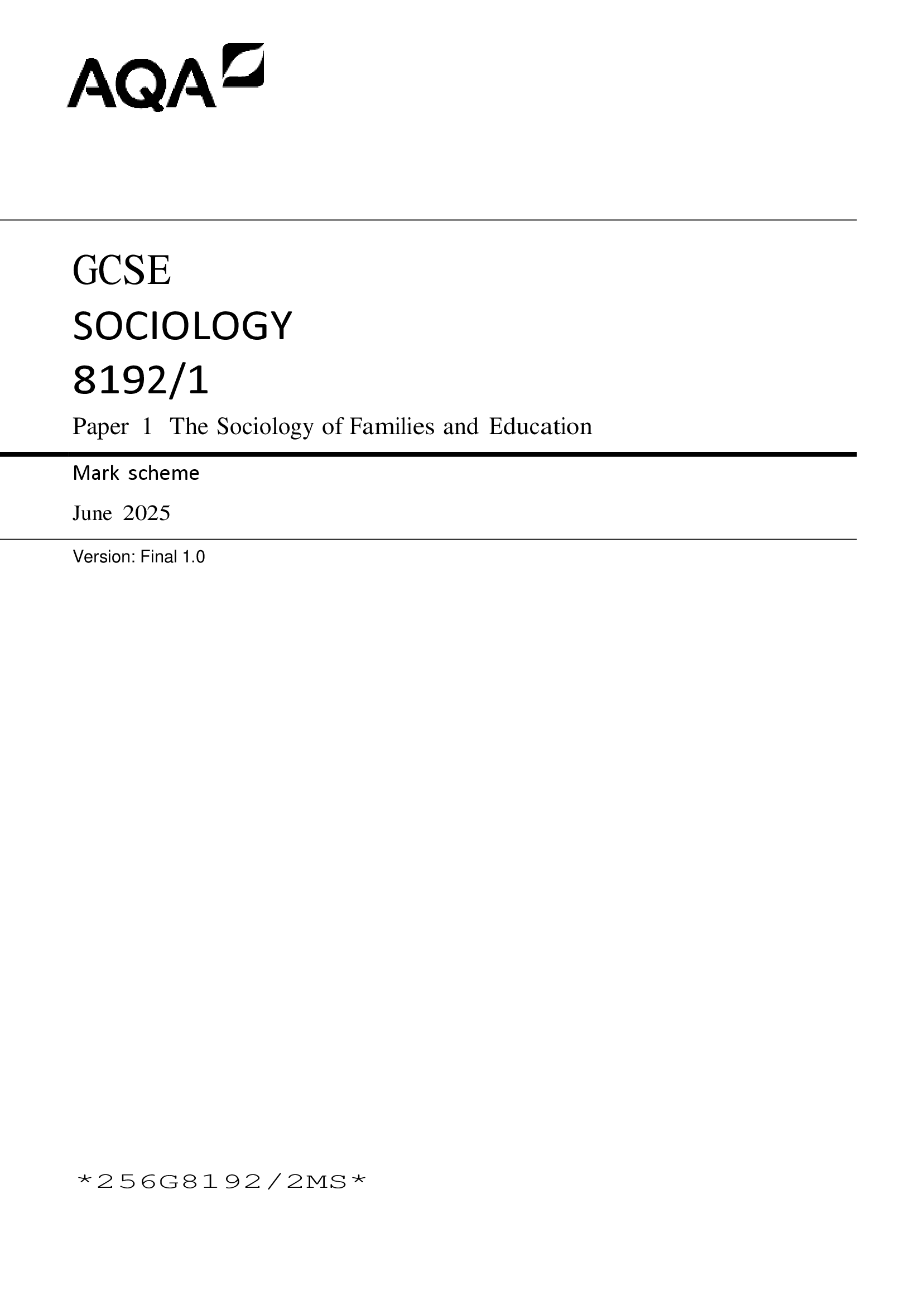 Actual May 2026 AQA GCSE Sociology 8192/1 Paper 1 The Sociology of Families and Education Merged Question Paper + Marking Scheme