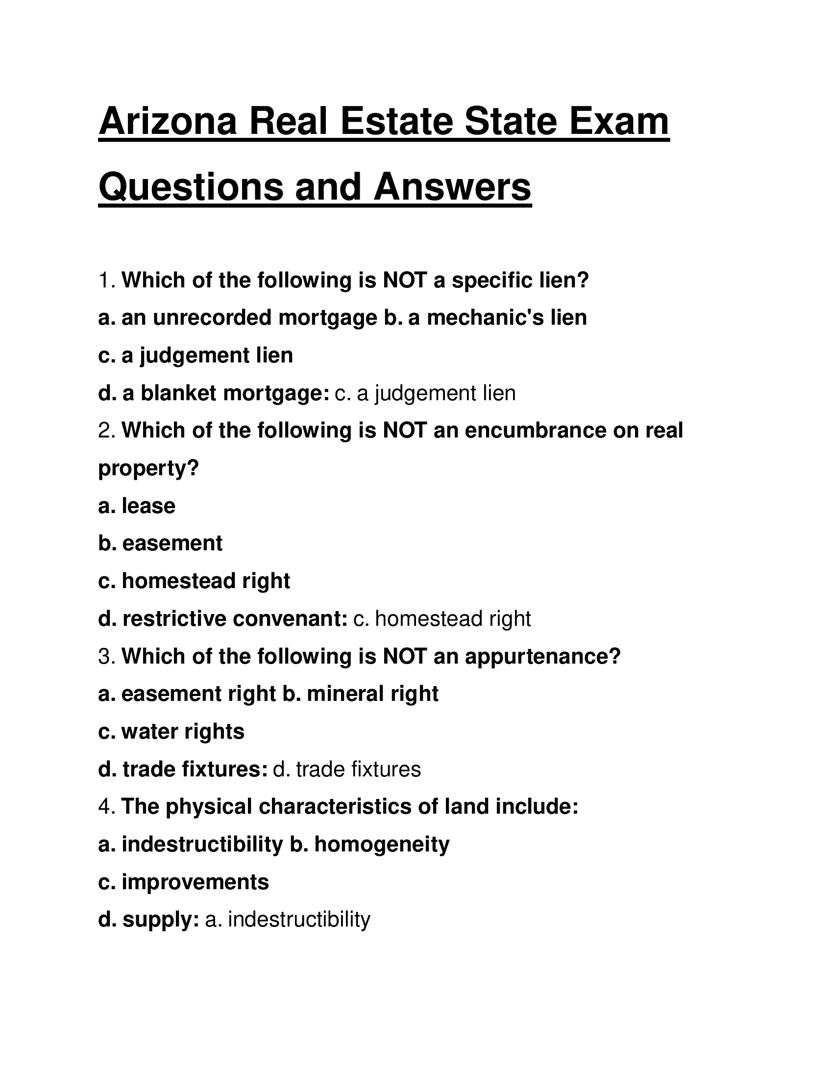 Arizona Real Estate State Exam Questions and Answers