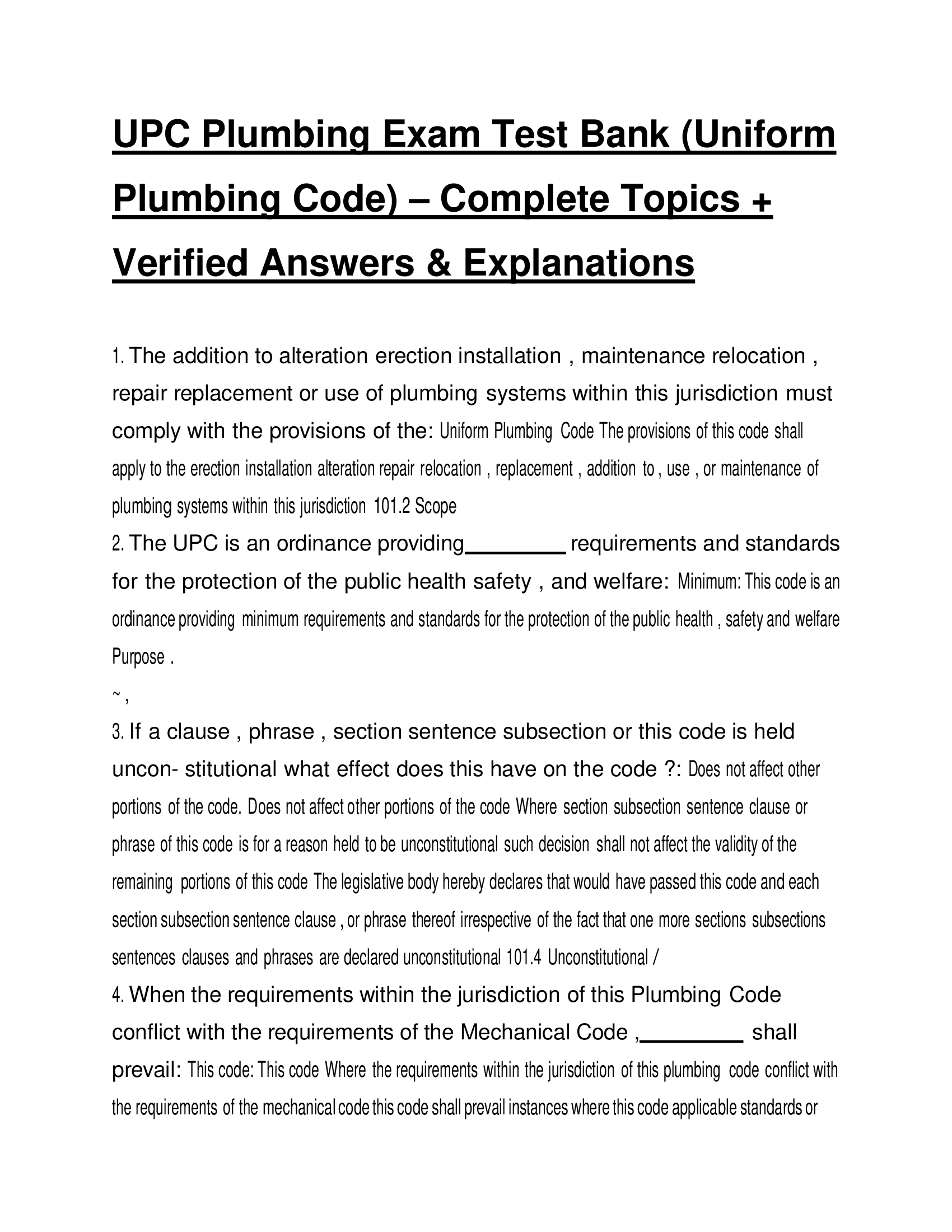 UPC Plumbing Exam Test Bank 2026 (Uniform Plumbing Code) – Complete Topics + Verified Answers & Explanations