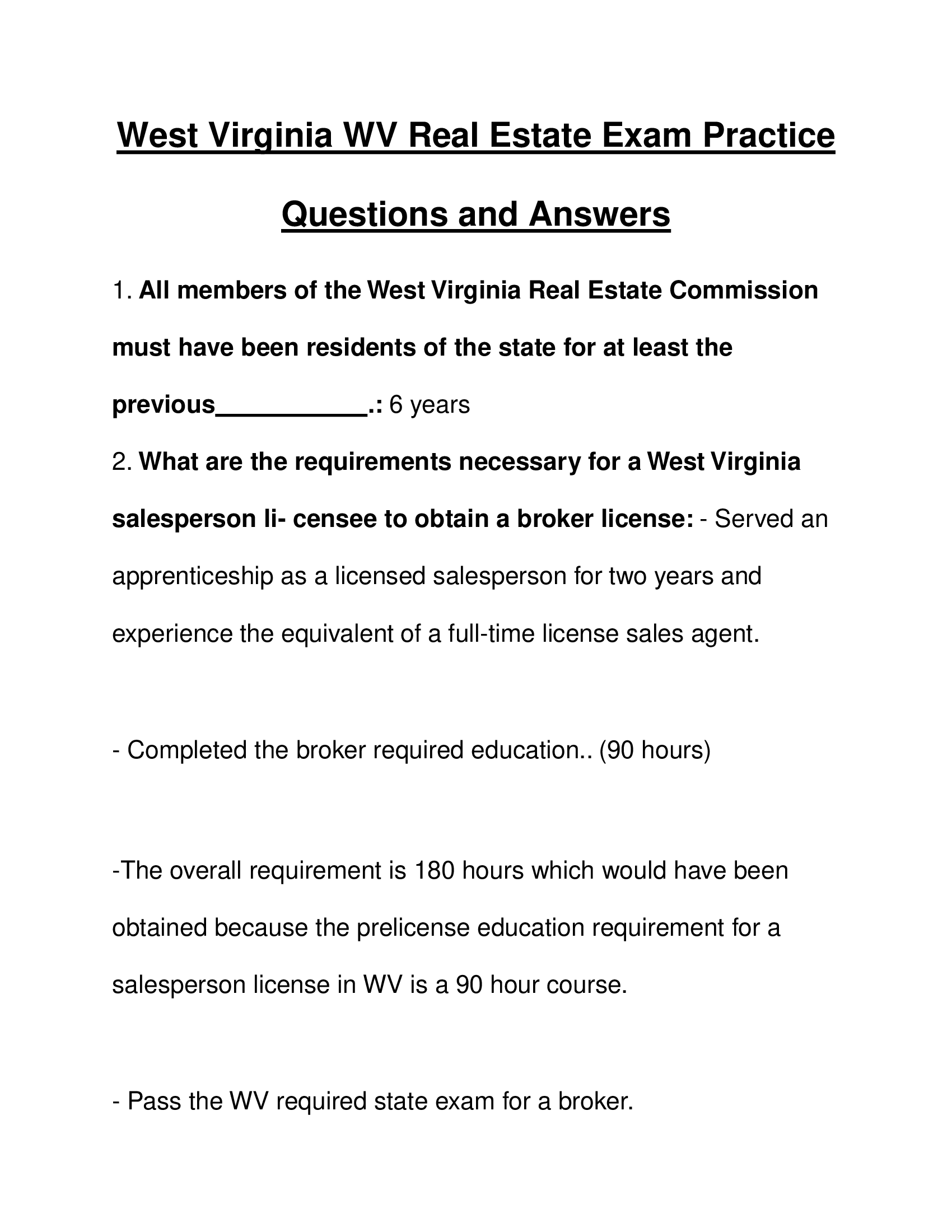 West Virginia (WV) Real Estate Exam Practice Questions and Answers 2023