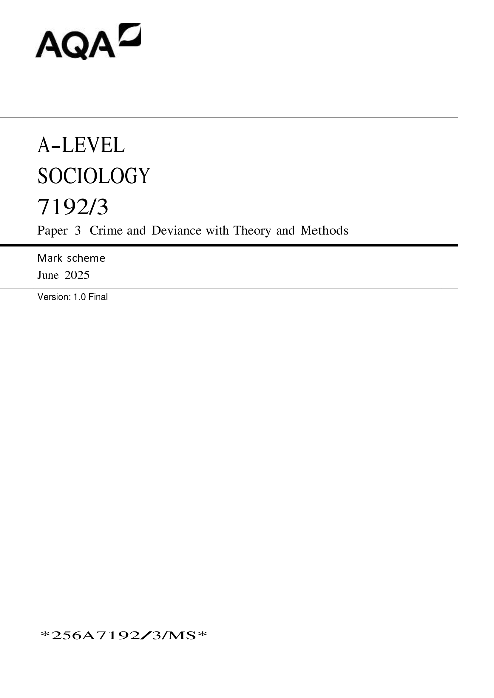 Actual AQA June 2026 A-Level Sociology 7192,3 Paper 3 Crime and Deviance with Theory and Methods Question Paper + Marking Scheme