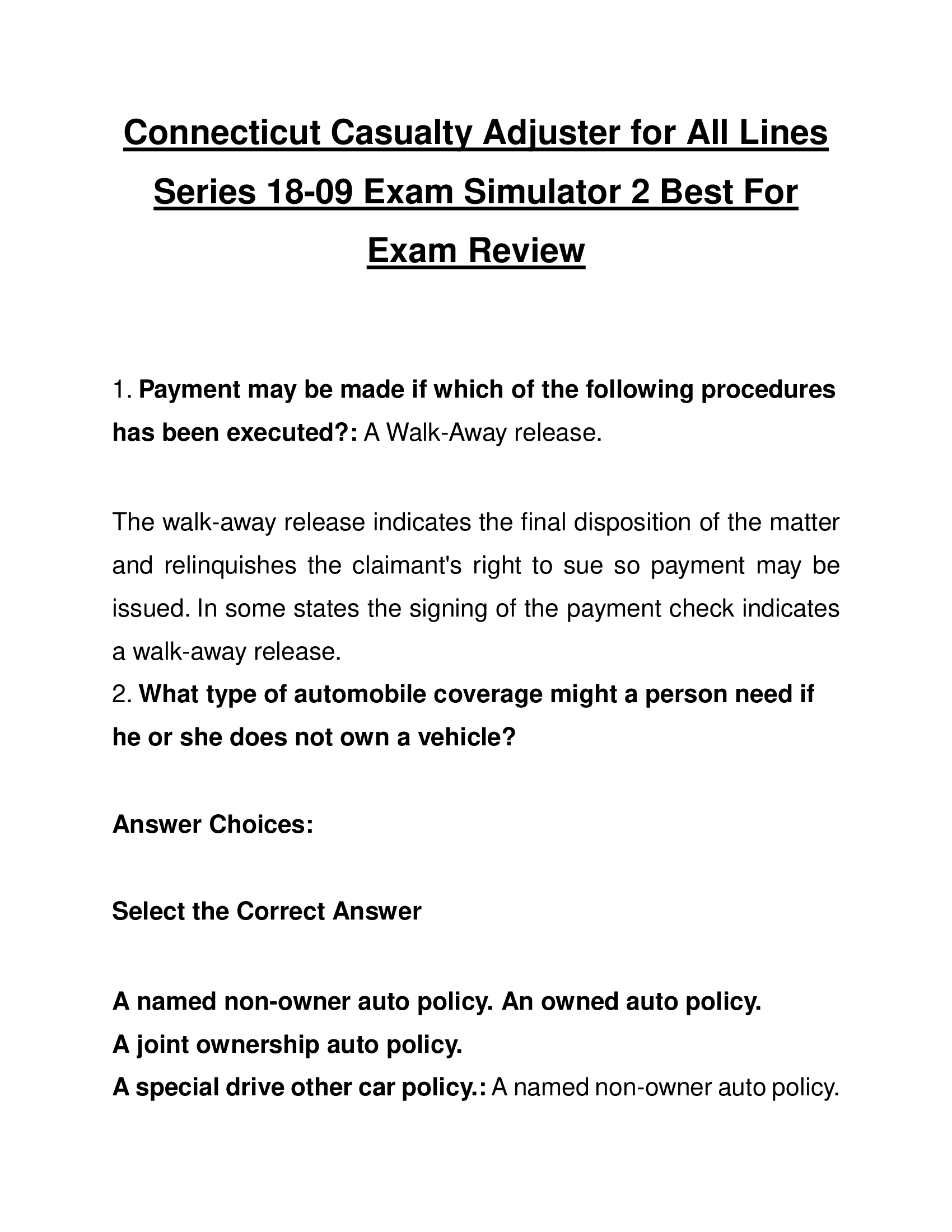 Connecticut Casualty Adjuster for All Lines Series 18-09 Exam Simulator 2 Best For Exam Review