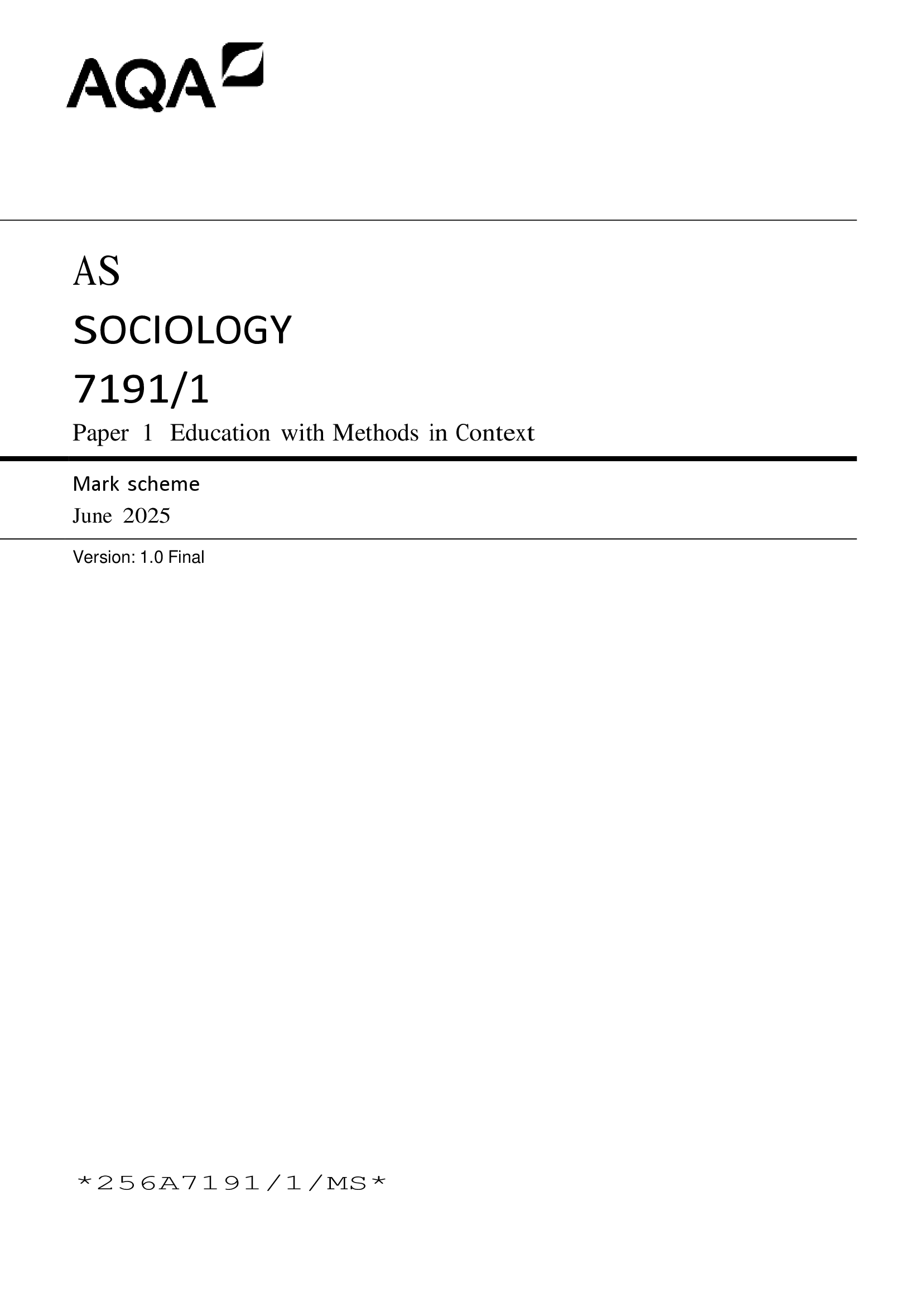 Actual AQA June 2026 AS Sociology 7191/1 Paper 1 Education with Methods in Context Question Paper + Marking Scheme