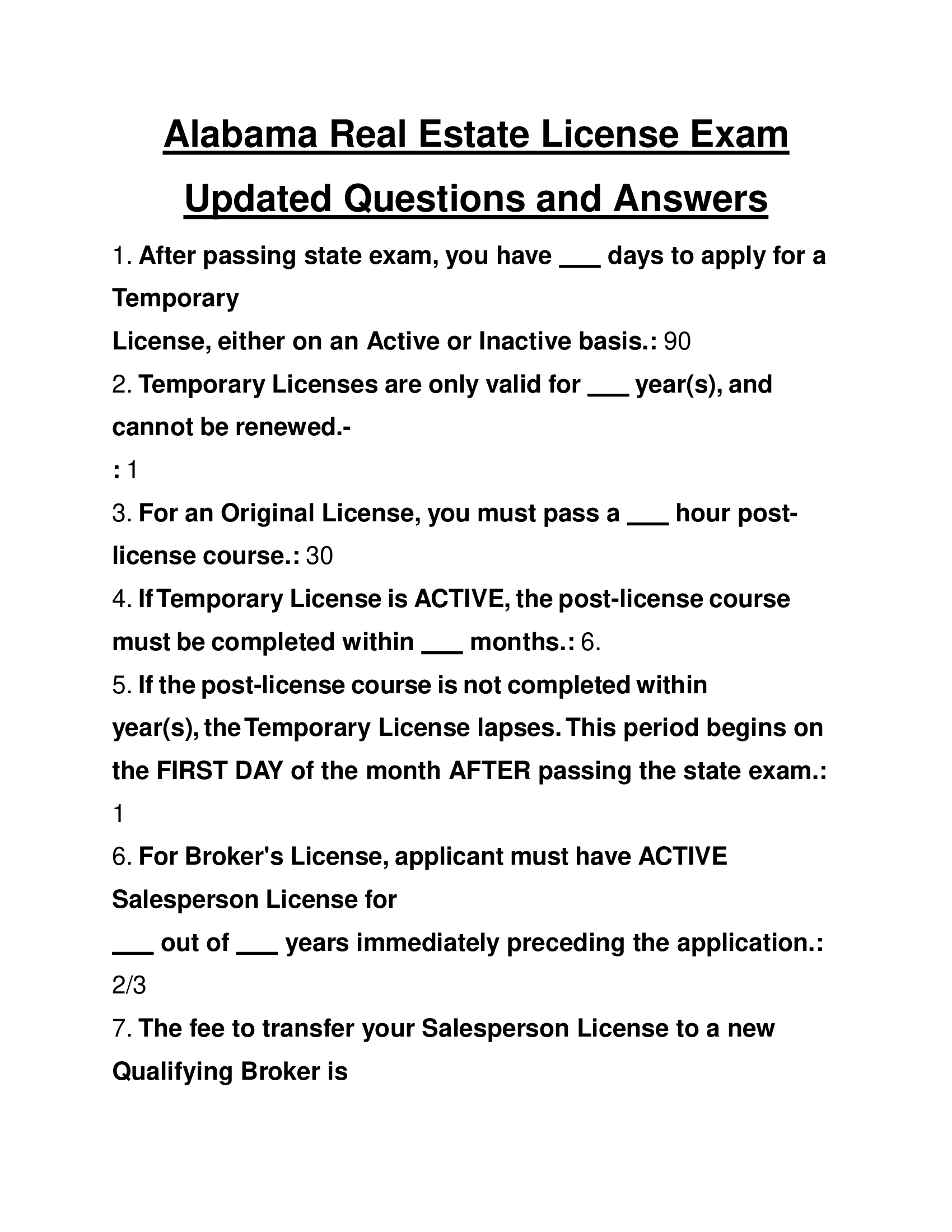 Alabama Real Estate License Exam Updated Questions and Answers