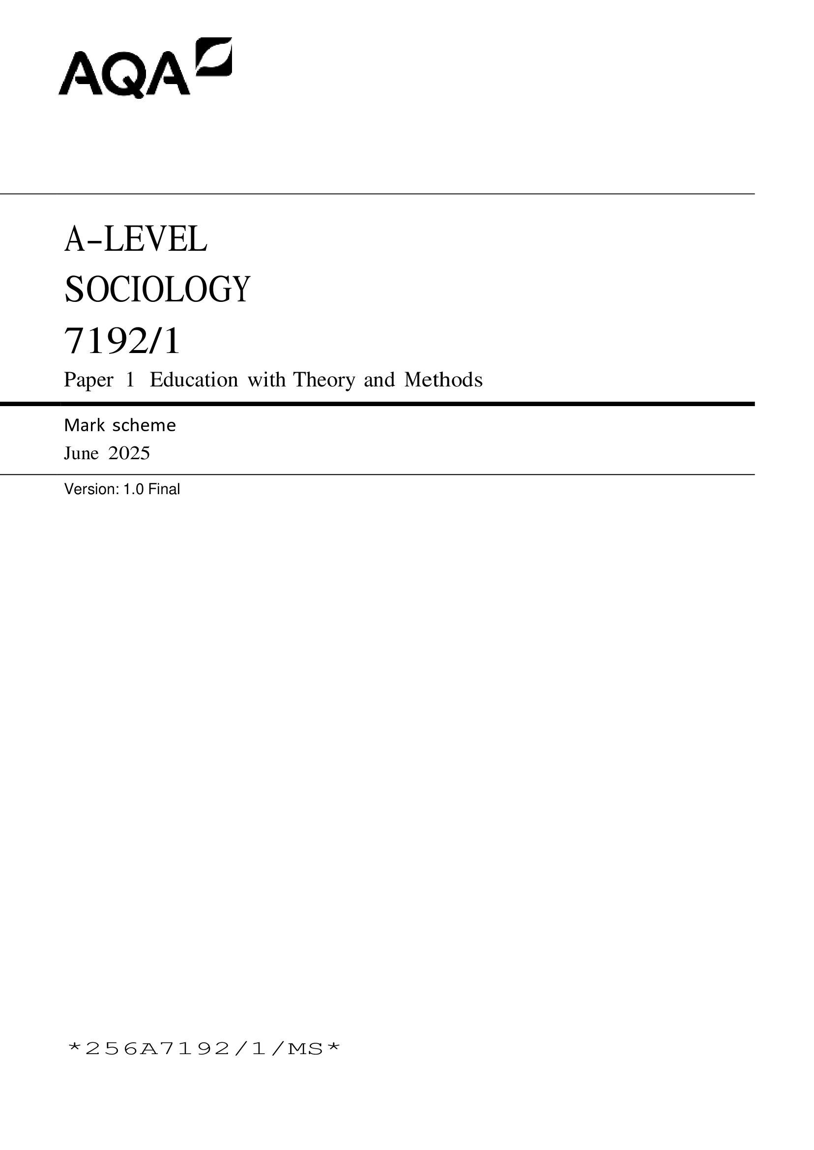 Actual AQA June 2026 A-Level Sociology 7192/1 Paper 1 Education with Theory and Methods Merged Question Paper + Marking Scheme