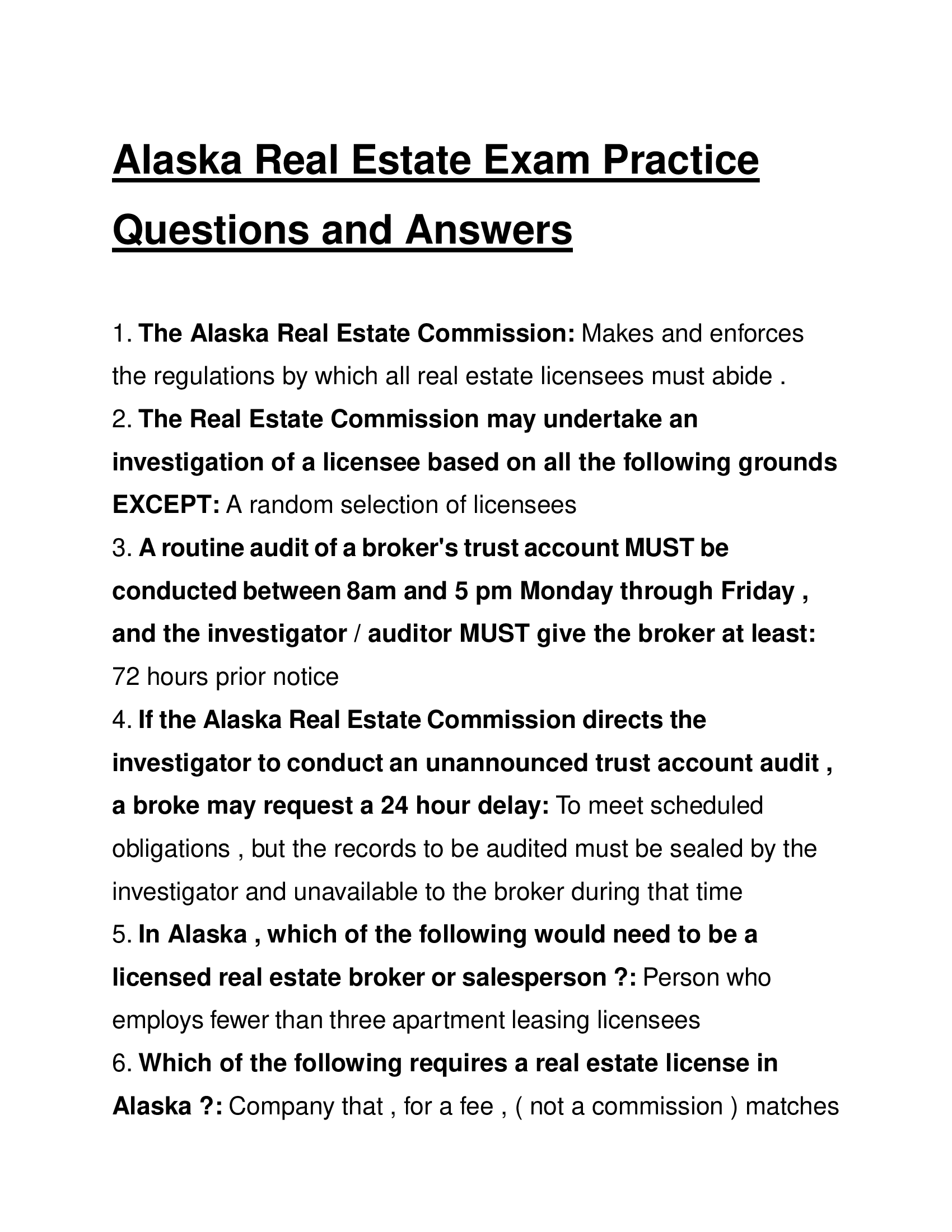 Alaska Real Estate Exam Practice Questions and Answers