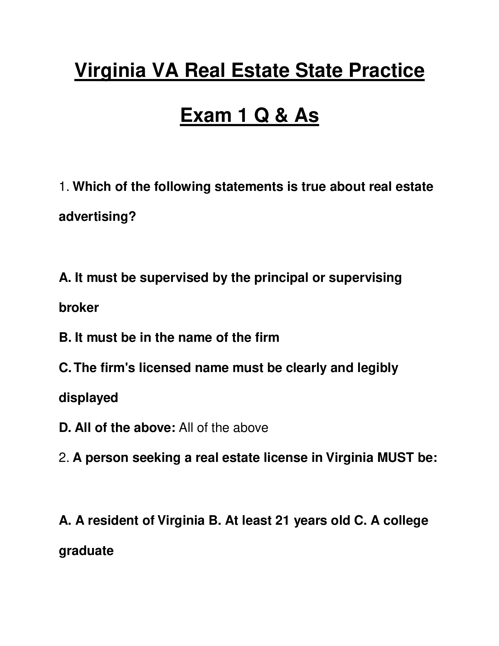 Virginia VA Real Estate State Practice Exam 1 Q & As 2023