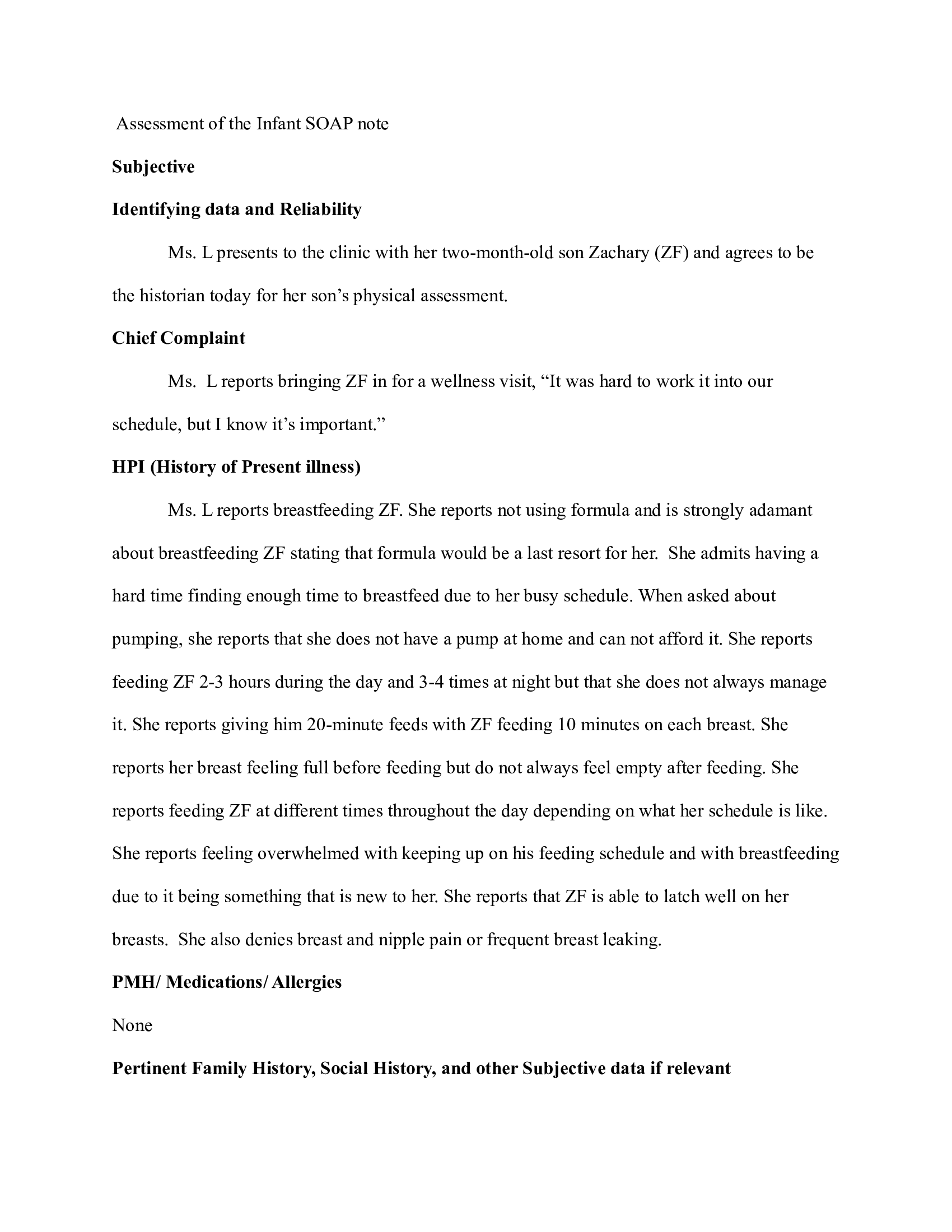 Comprehensive Infant Well-Visit SOAP Note, Case of Zachary Lafontaine