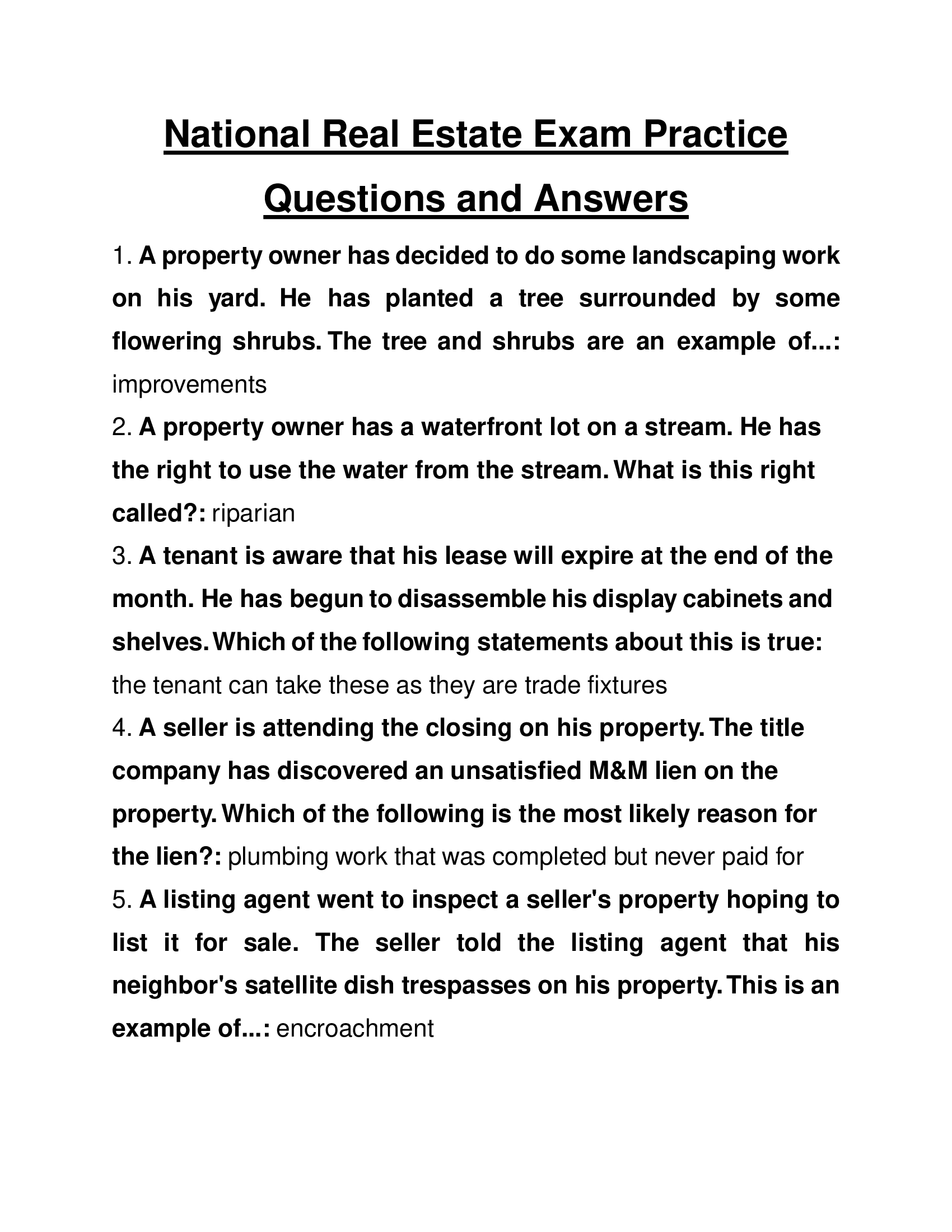 National Real Estate Exam Practice Questions and Answers