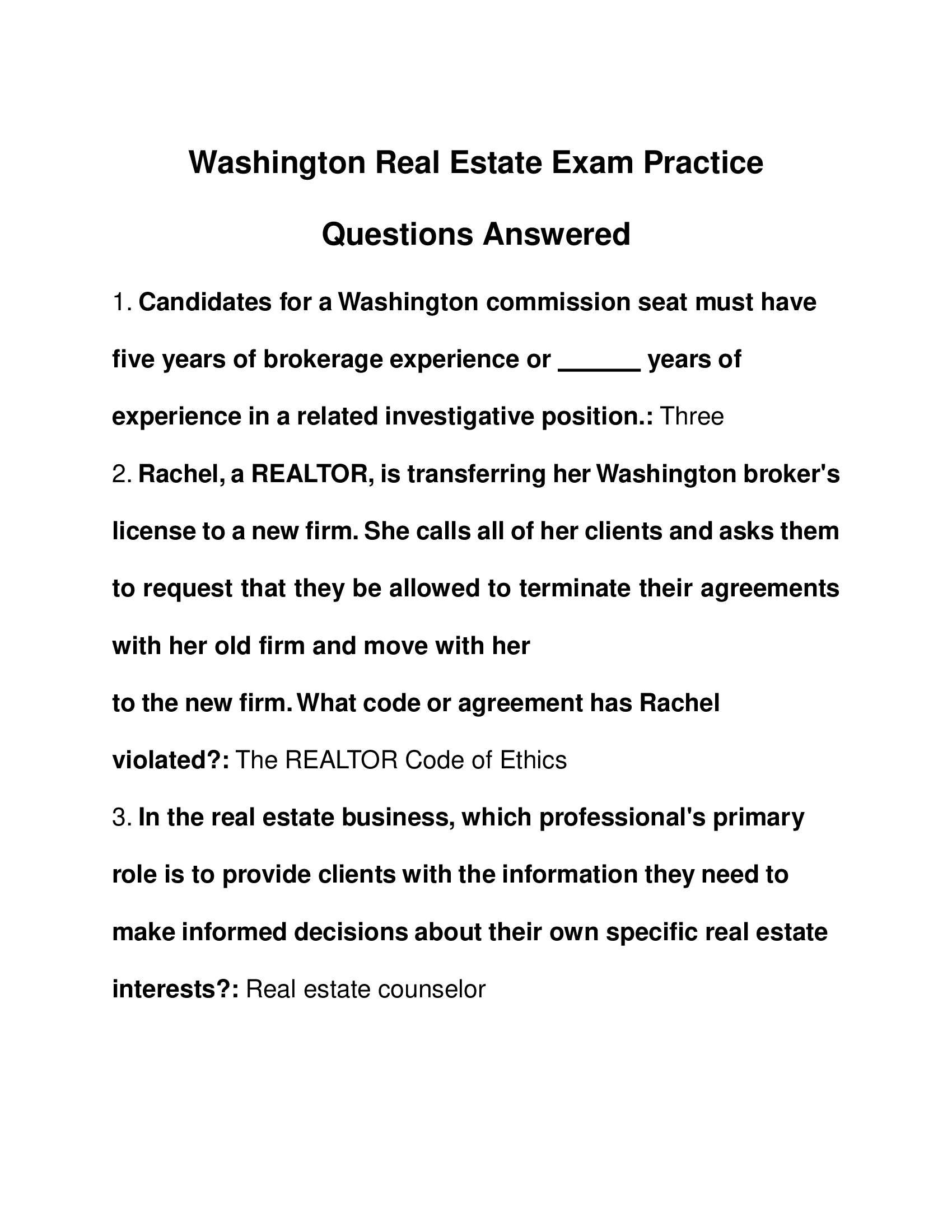 Washington Real Estate Exam Practice Questions with Answers 2023